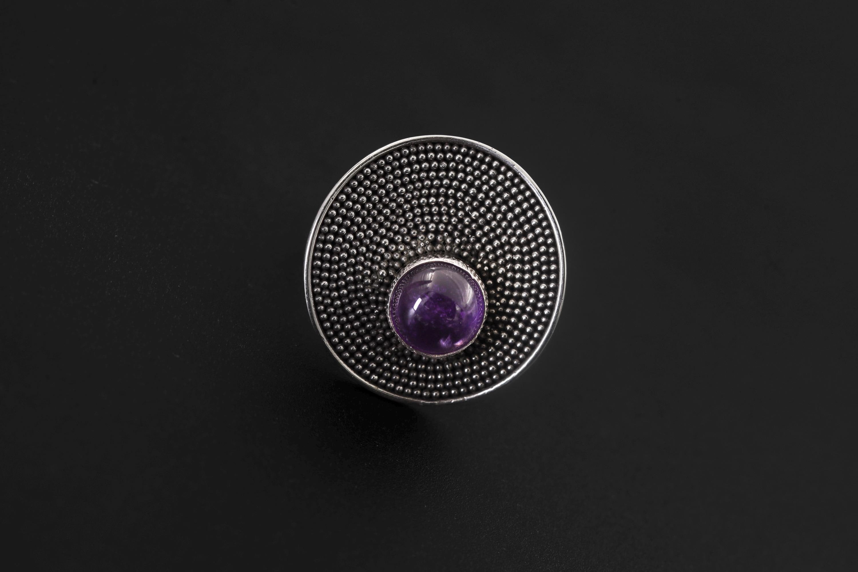 Adjustable Amethyst Ring 925 Sterling Silver Solar Disc Ring Violet Cabochon Crown Chakra Statement Jewelry Gift