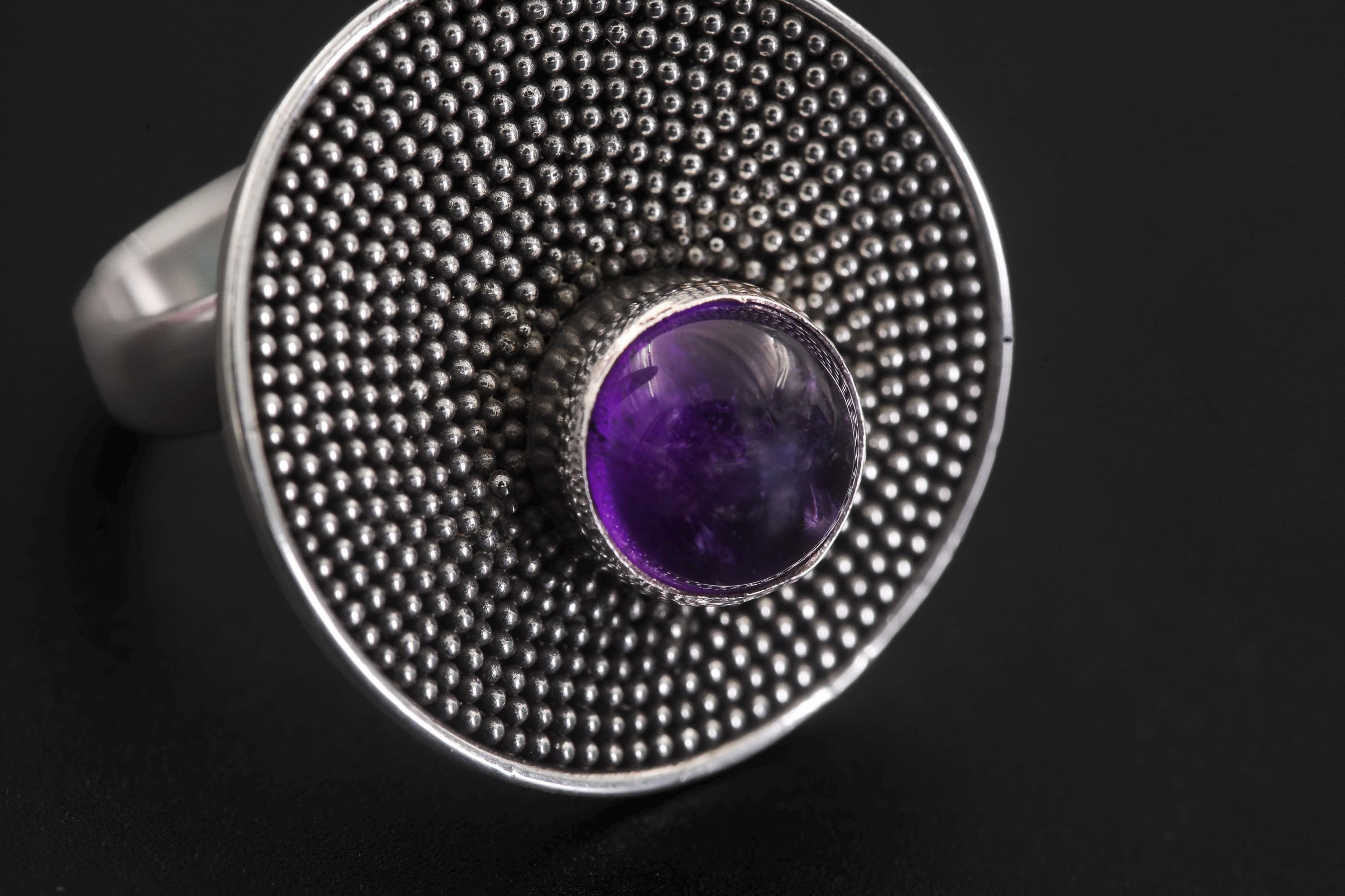 Adjustable Amethyst Ring 925 Sterling Silver Solar Disc Ring Violet Cabochon Crown Chakra Statement Jewelry Gift