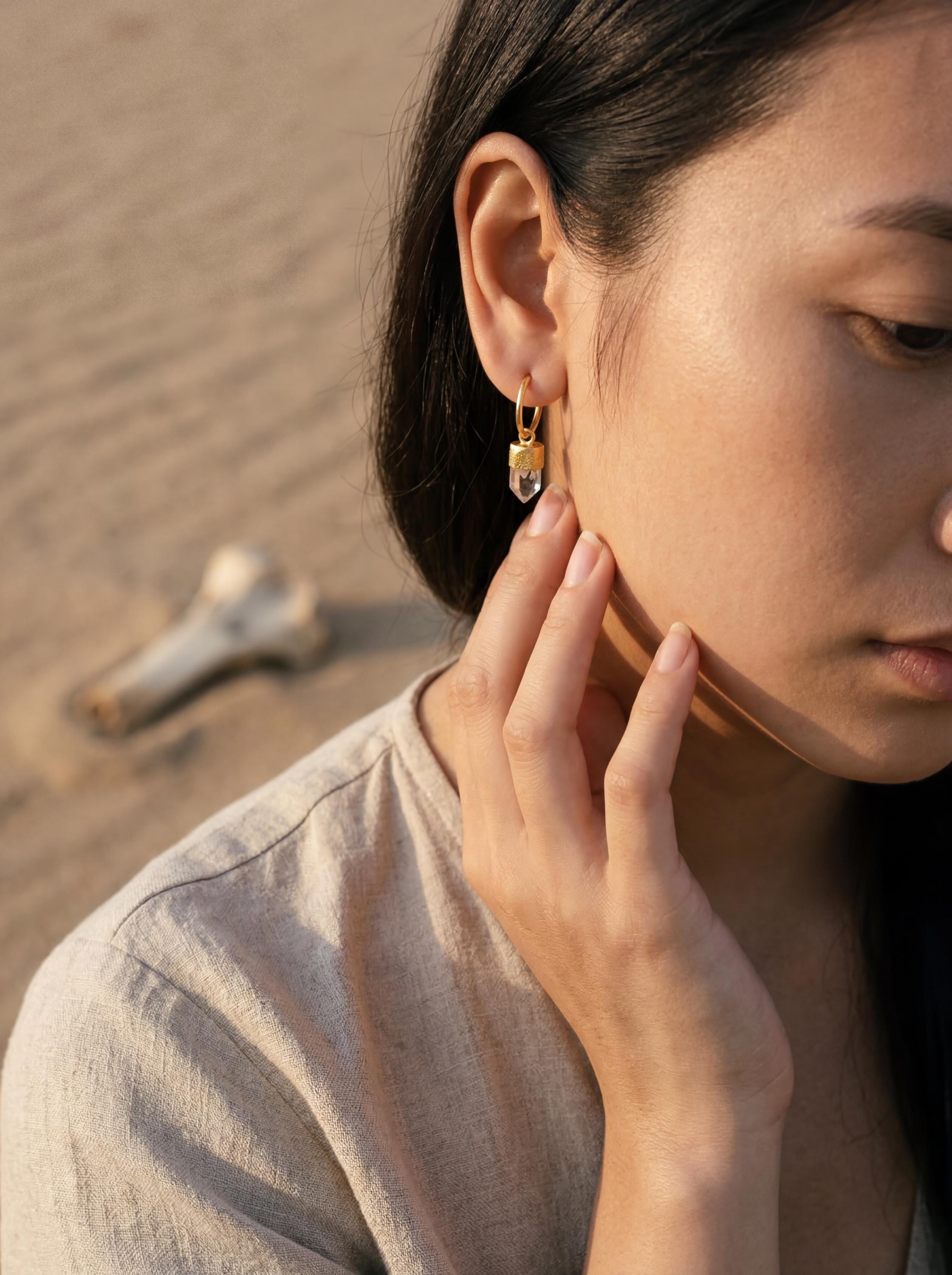 Gold Plated Lemurian Quartz Hoop Earrings: Australian Crystal