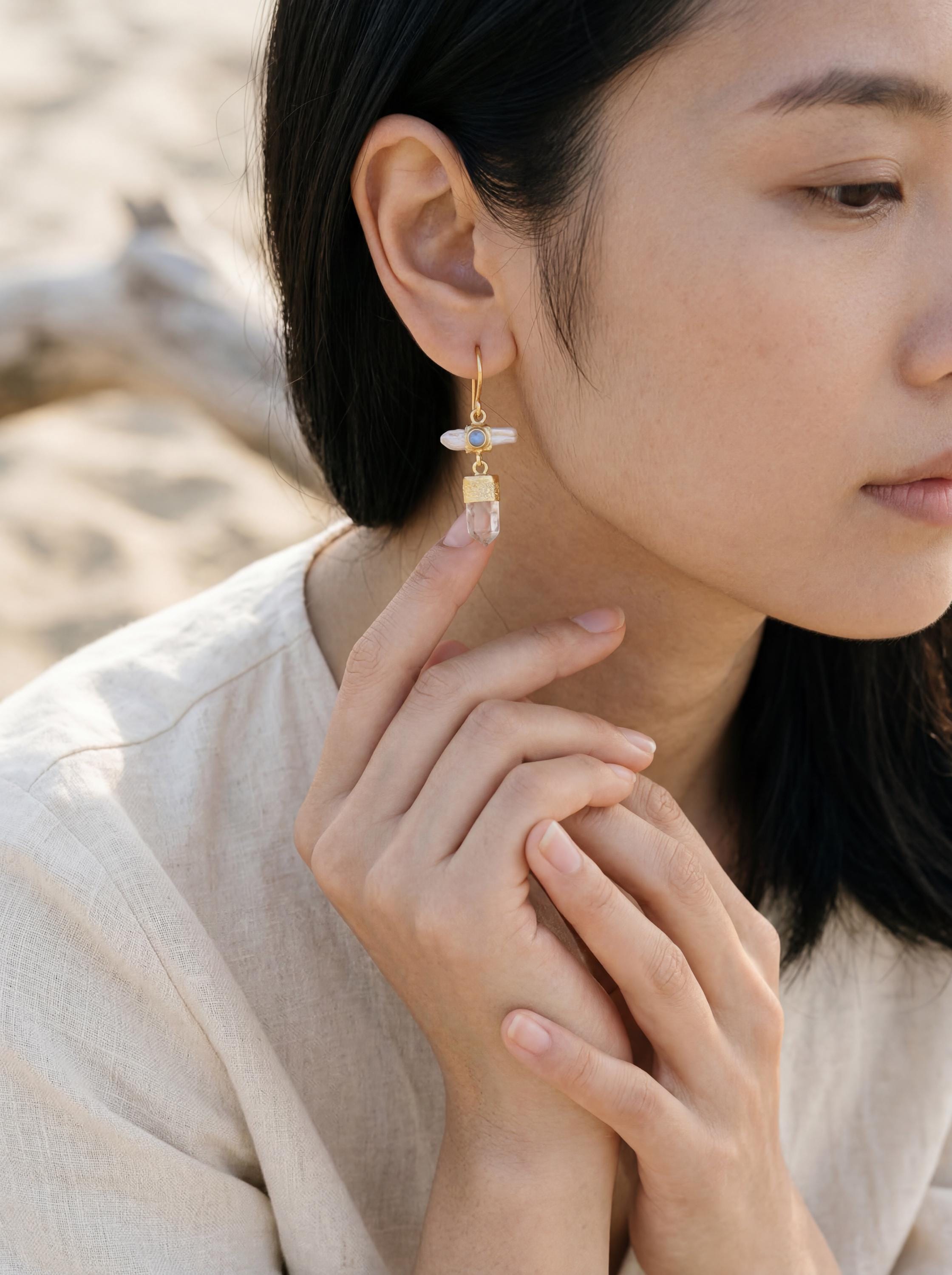 Gold Plated Sterling Silver Dangle Earrings: Pearl, Quartz & Moonstone