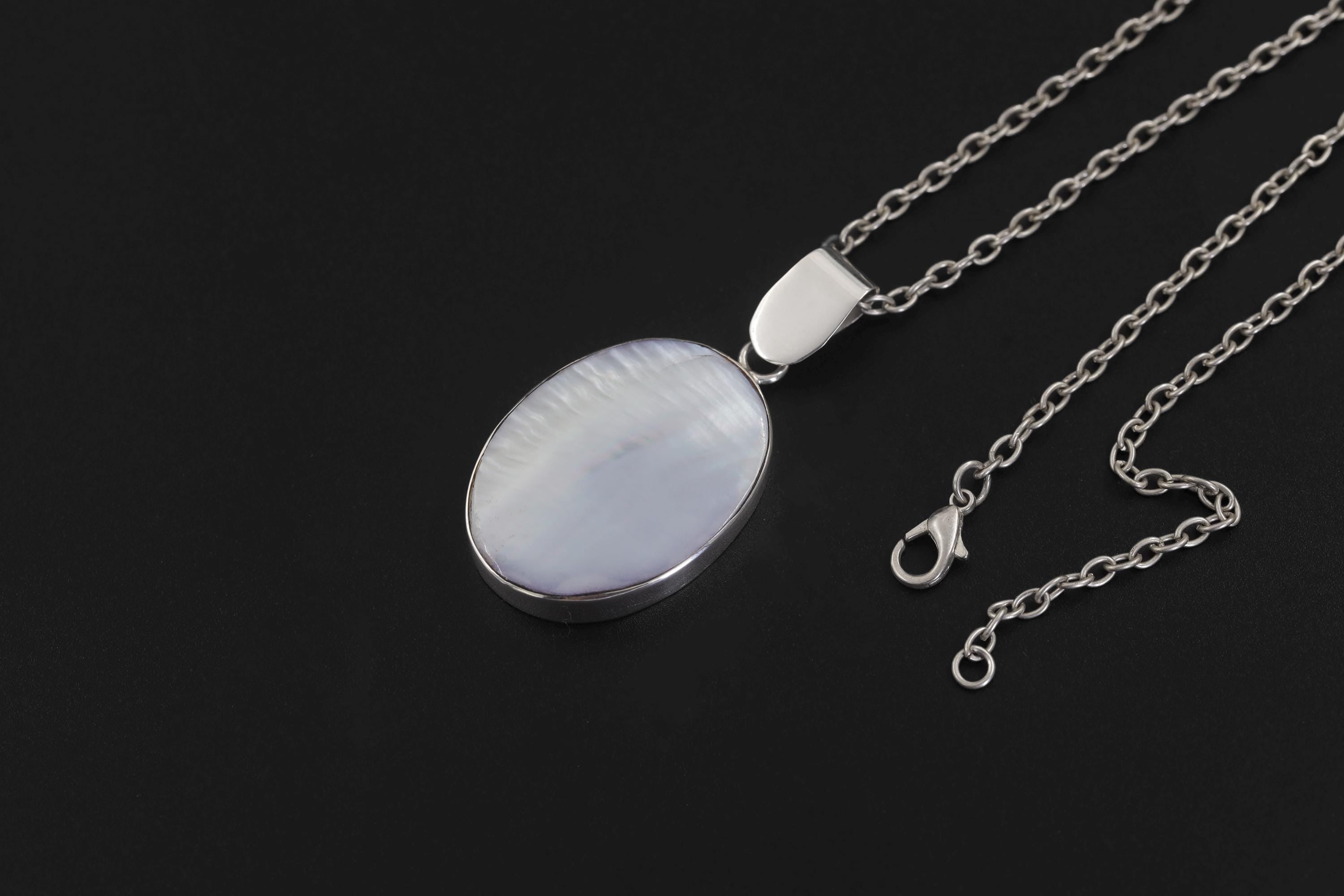 Oval Mother of Pearl Pendant, Sterling Silver High Shine Cabochon Necklace – Boho Ocean Jewelry