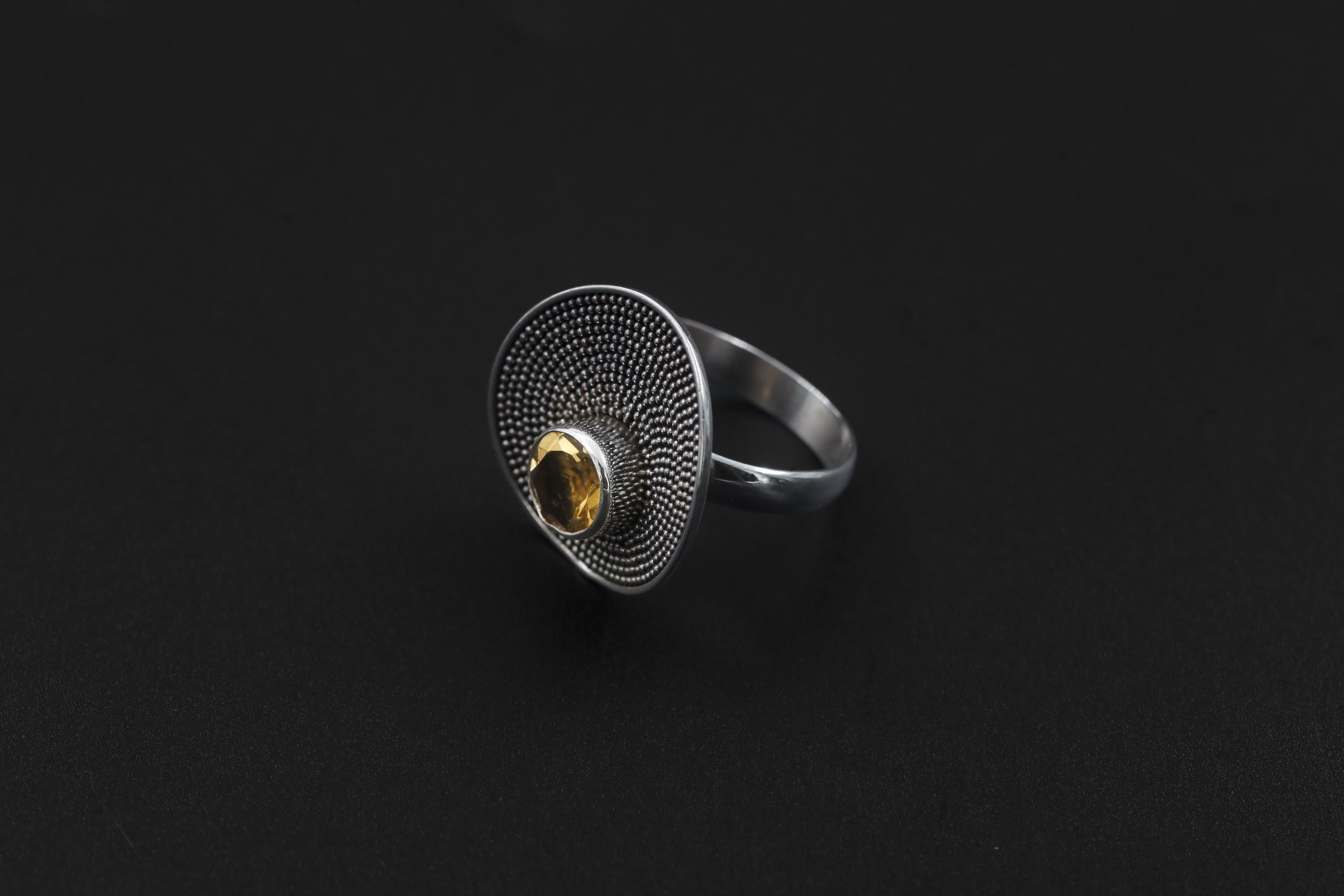 Adjustable Citrine Ring 925 Sterling Silver Solar Disc Statement Ring Faceted Gemstone Solar Plexus Chakra Jewelry Gift