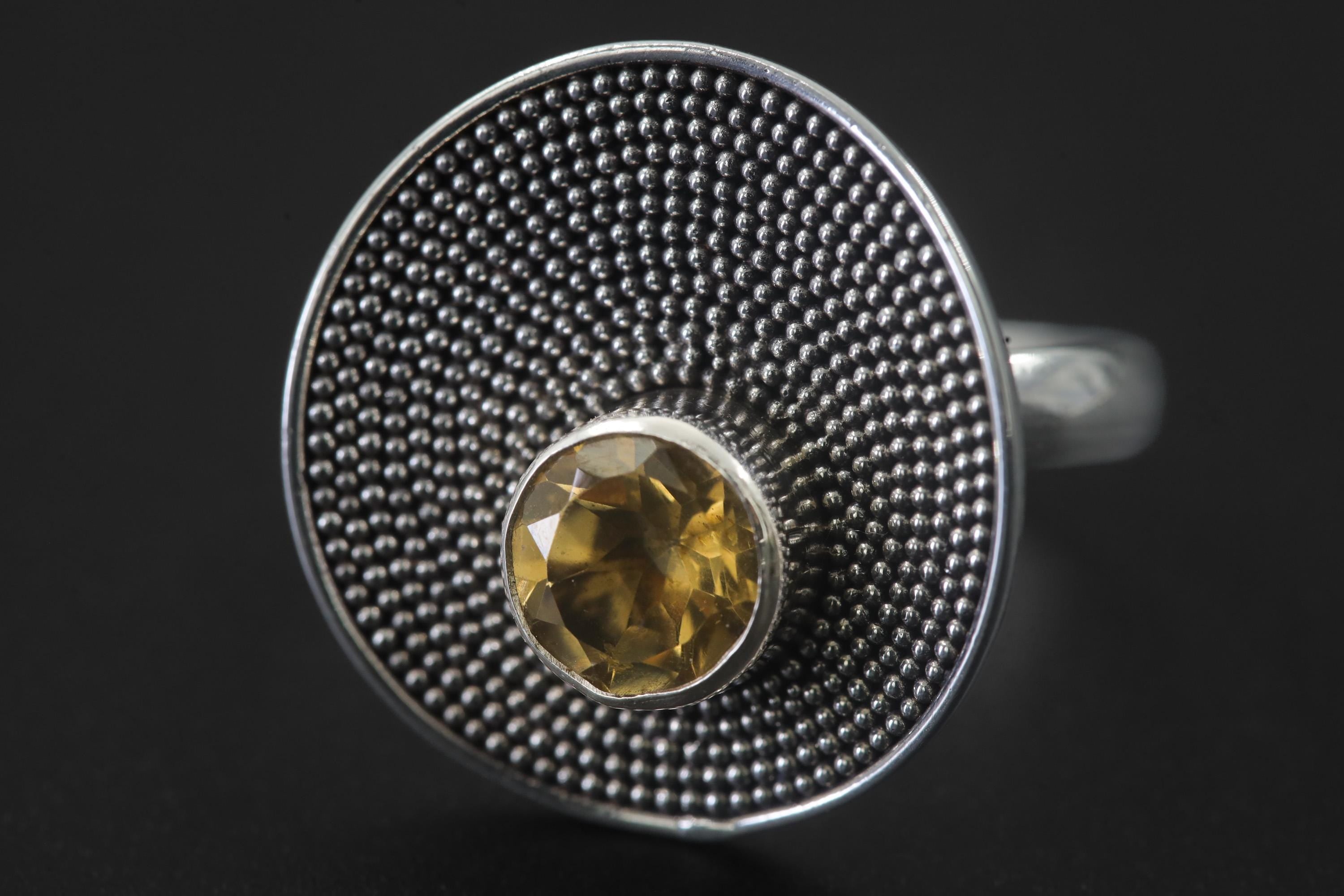 Adjustable Citrine Ring 925 Sterling Silver Solar Disc Statement Ring Faceted Gemstone Solar Plexus Chakra Jewelry Gift