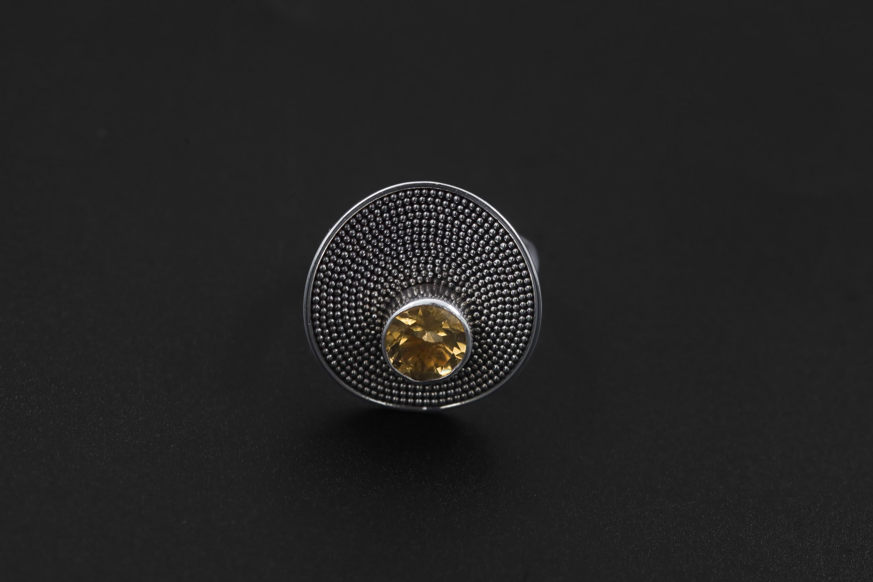 Adjustable Citrine Ring 925 Sterling Silver Solar Disc Statement Ring Faceted Gemstone Solar Plexus Chakra Jewelry Gift