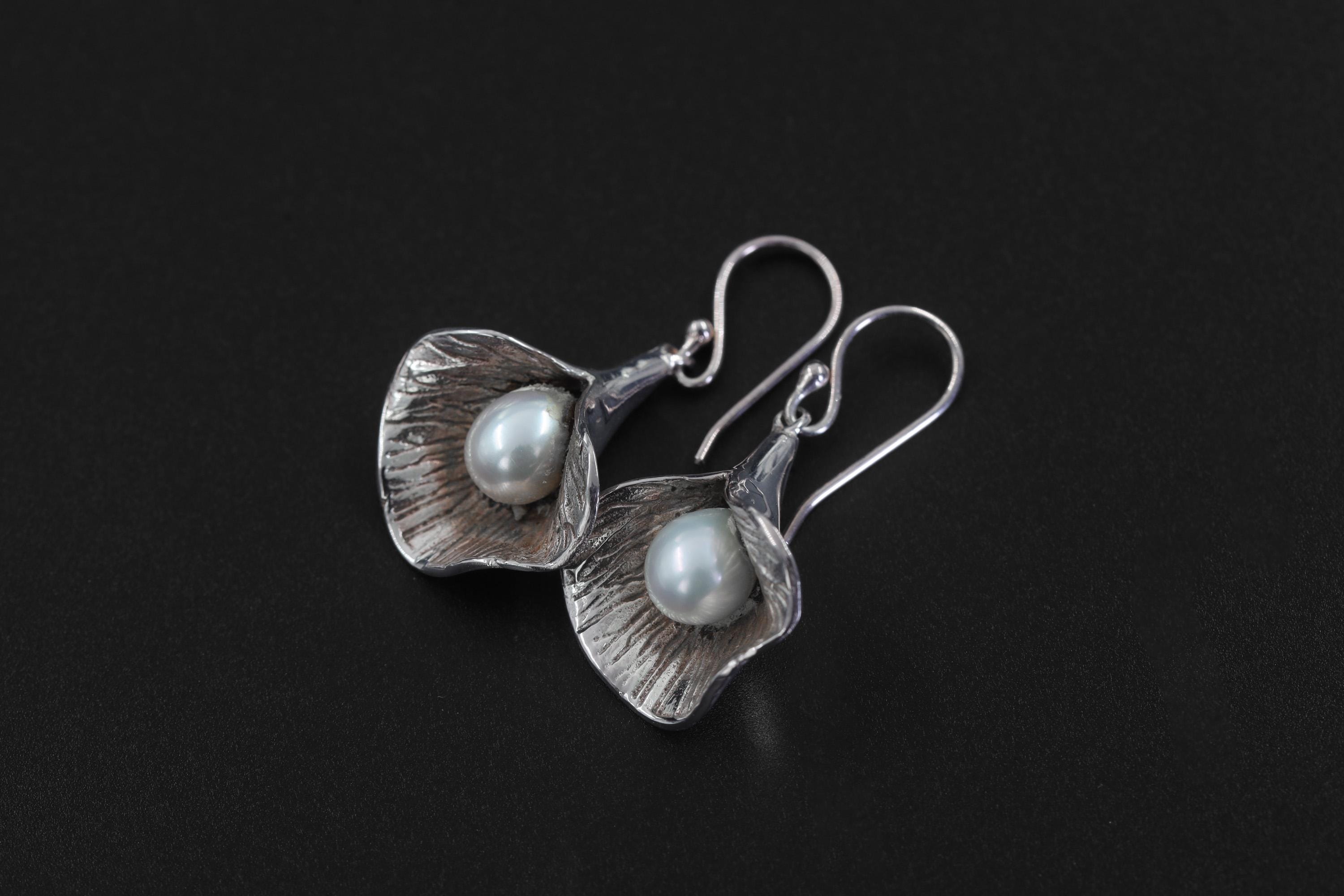 Sterling Silver Pearl Bloom Earrings, Ocean Inspired Dangle Jewelry