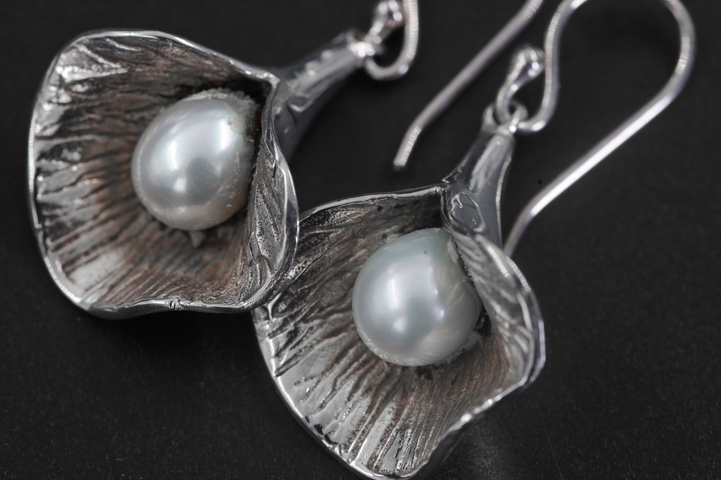Sterling Silver Pearl Bloom Earrings, Ocean Inspired Dangle Jewelry