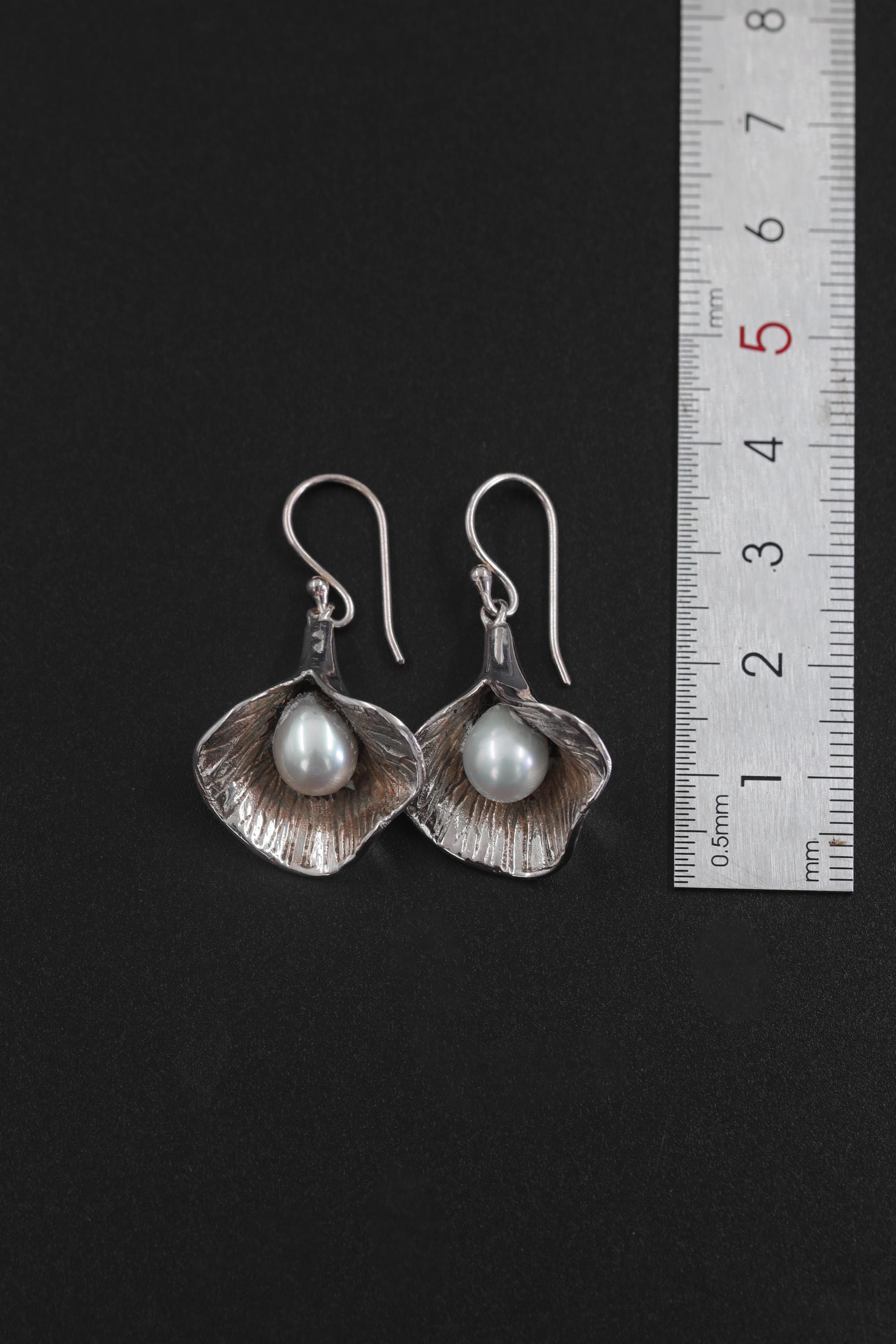 Sterling Silver Pearl Bloom Earrings, Ocean Inspired Dangle Jewelry