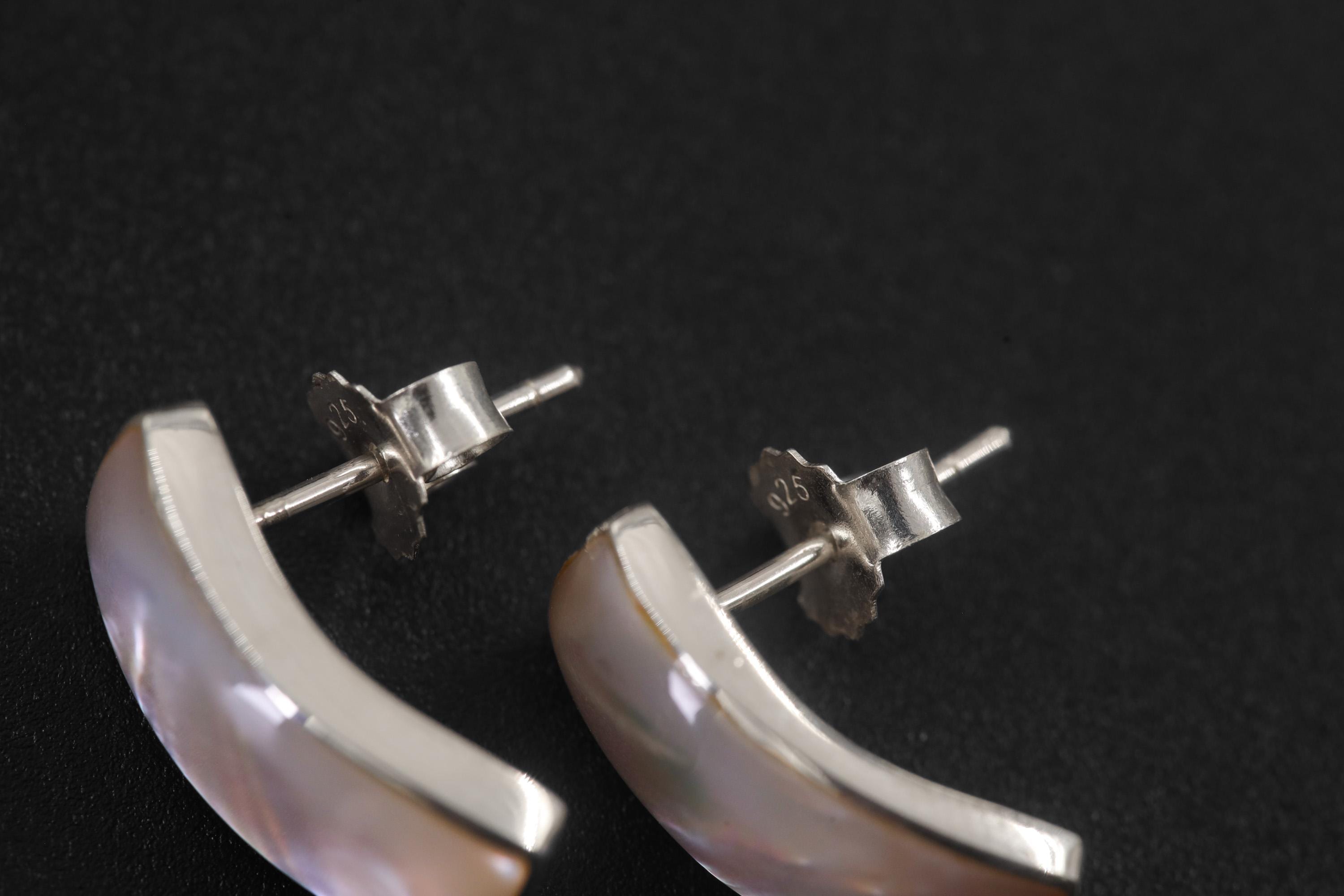 Handmade Mother of Pearl Silver Stud Earrings, 925 Sterling Curved Ocean Jewelry