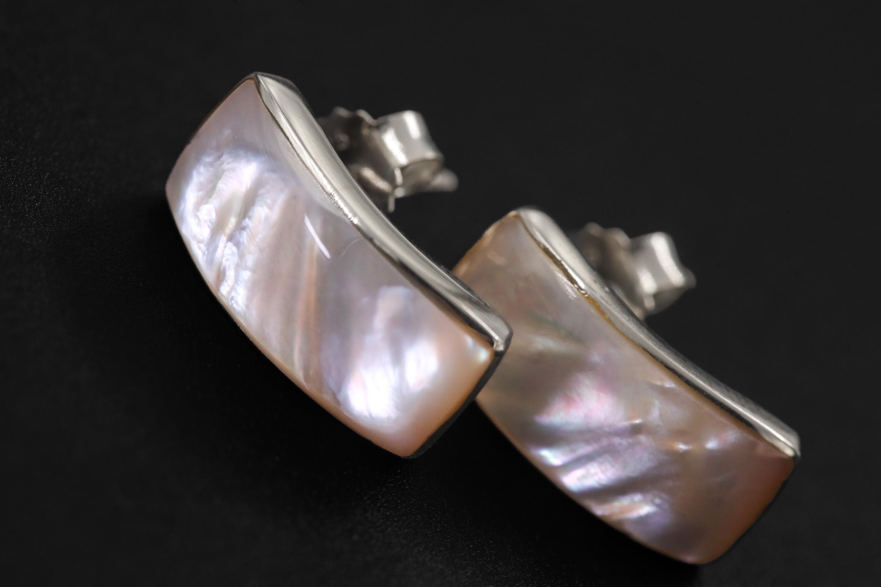 Handmade Mother of Pearl Silver Stud Earrings, 925 Sterling Curved Ocean Jewelry