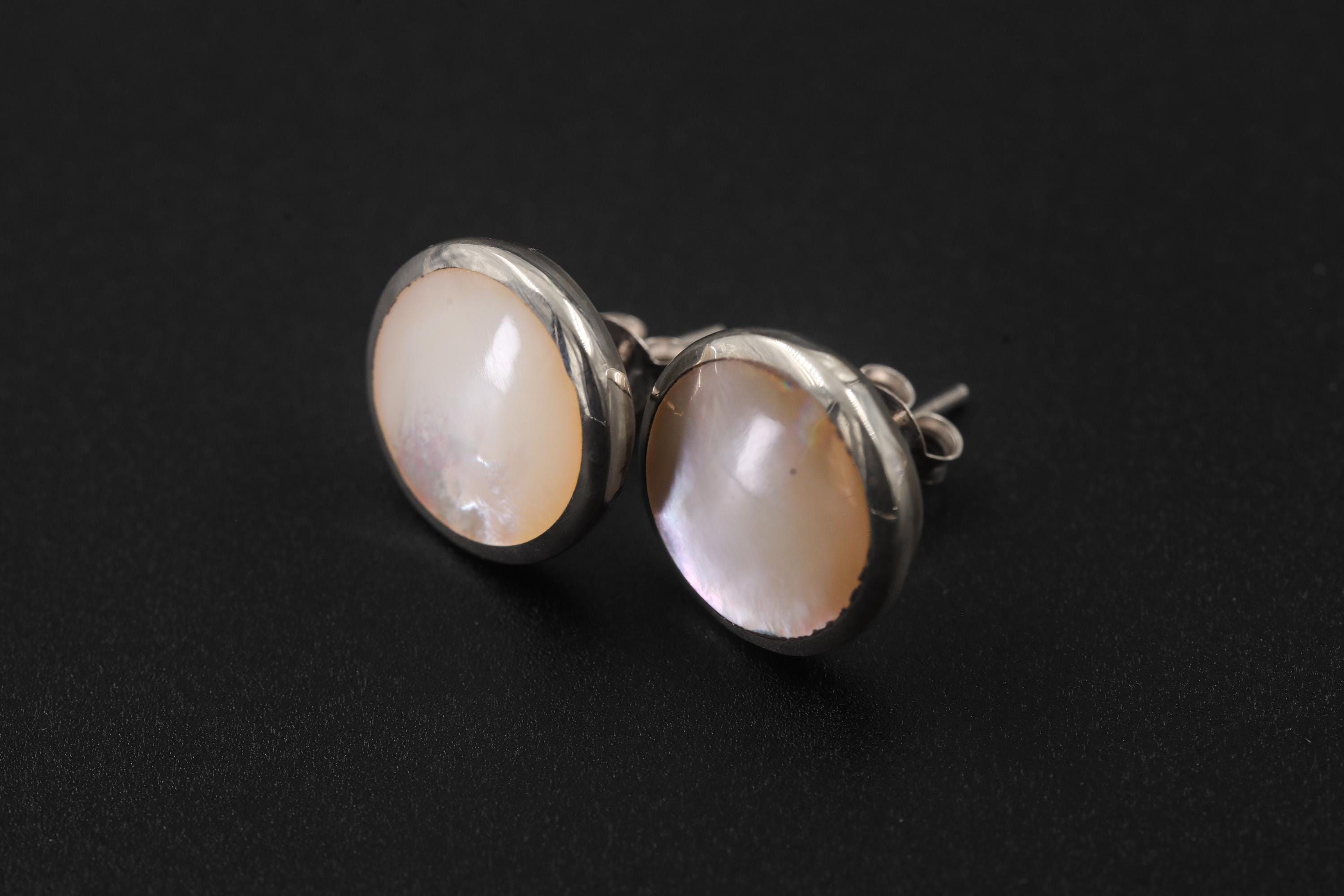 Round Mother of Pearl Earrings 925 Silver Shell Studs High Shine Bezel Set Ocean Lunar Jewelry Handmade Gift