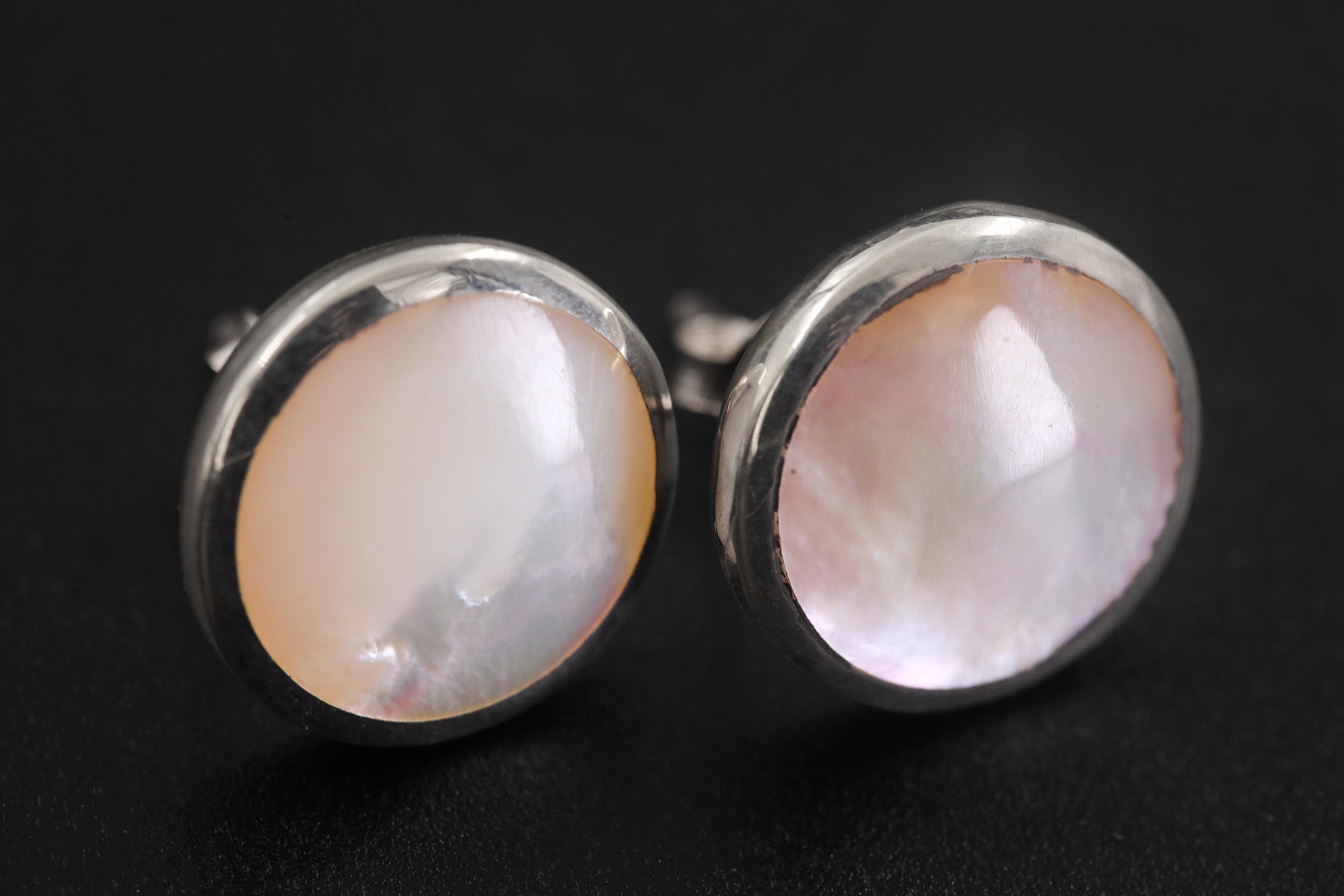 Mother of Pearl Stud Earrings, Sterling Silver Round Shell, Ocean Energy Jewelry