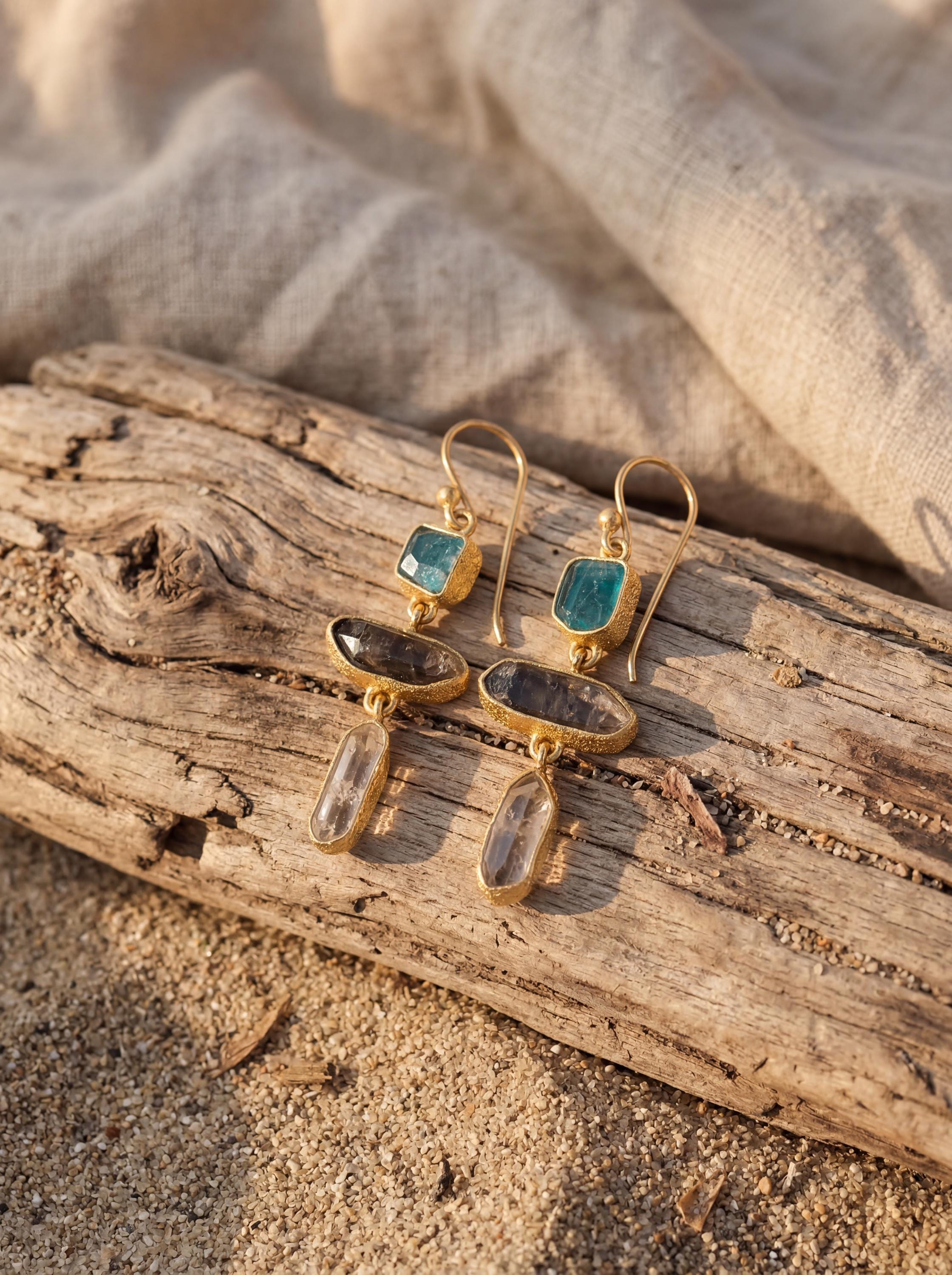 Handmade Blue Apatite Petroleum Quartz Earrings, Gold Vermeil Sterling Silver, Boho Statement Jewelry