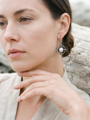 Old World South Sea Pearl statement earring in layered 925 sterling silver shown worn on a model.