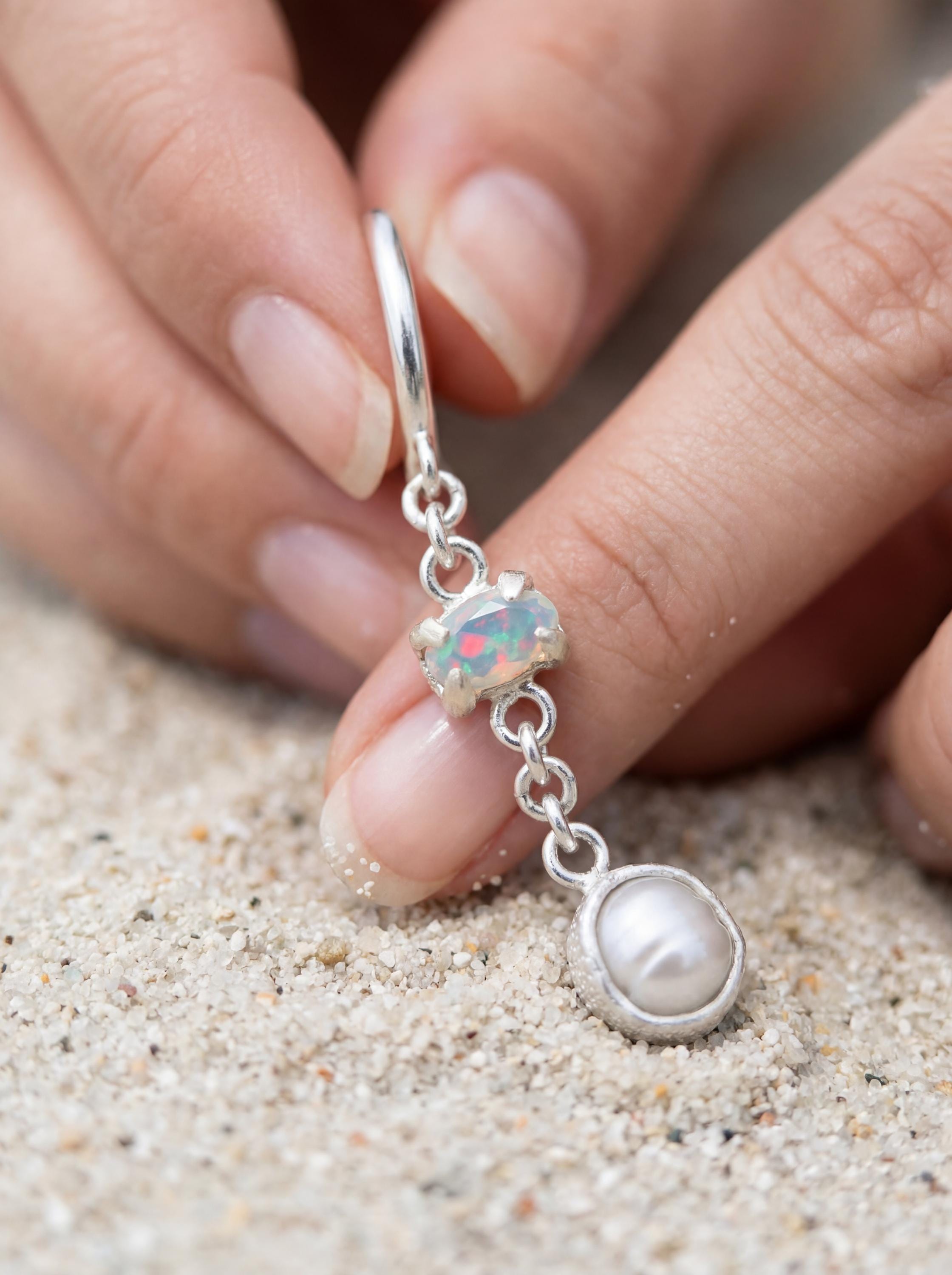 Sterling Silver Hoop Earrings: Ethiopian Opal & Pearl Dangle Earrings