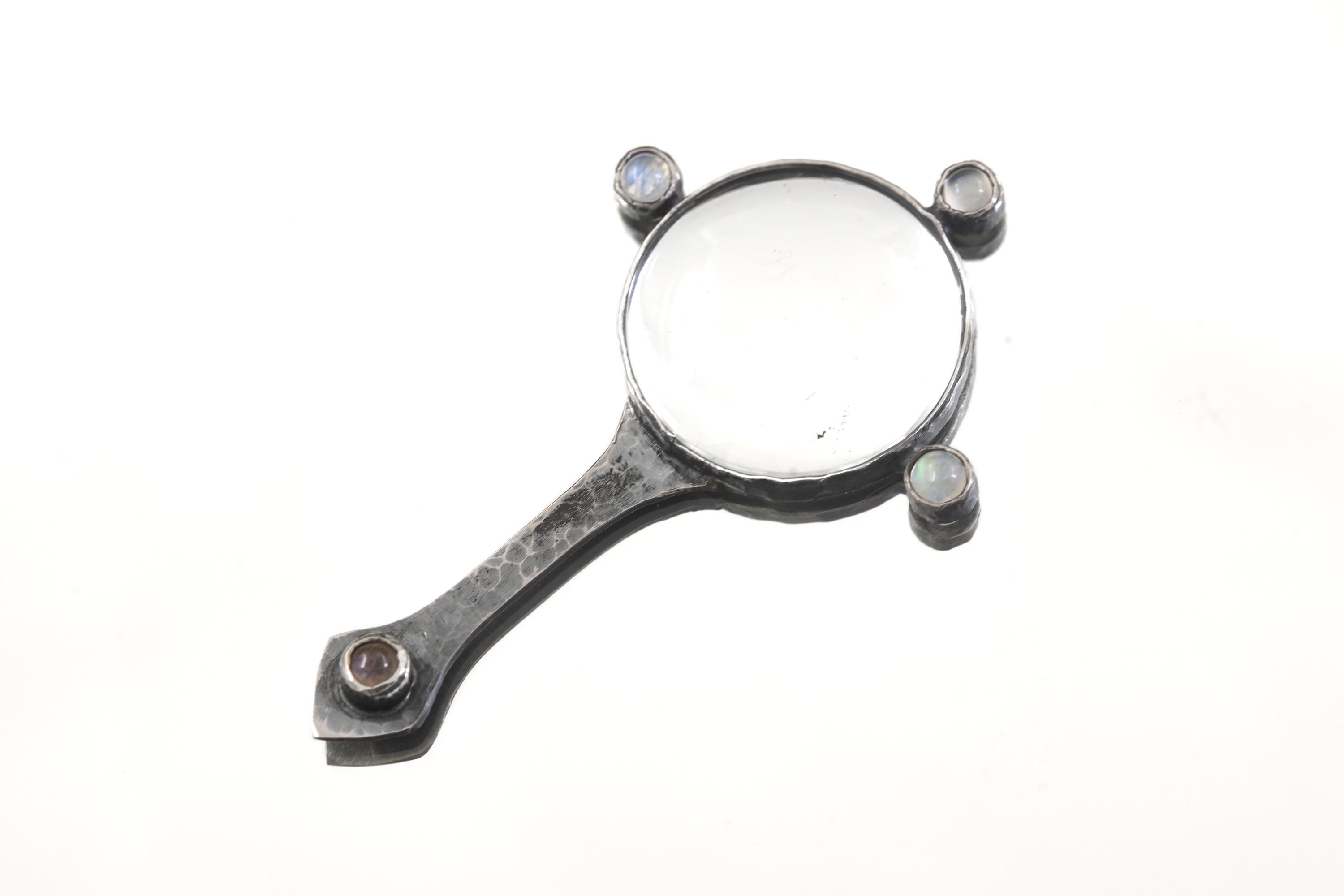 Moonstone Lens Talisman Pendant Sterling Silver Magnifier Necklace Hammered Oxidized Blue Flash Crystal Jewelry