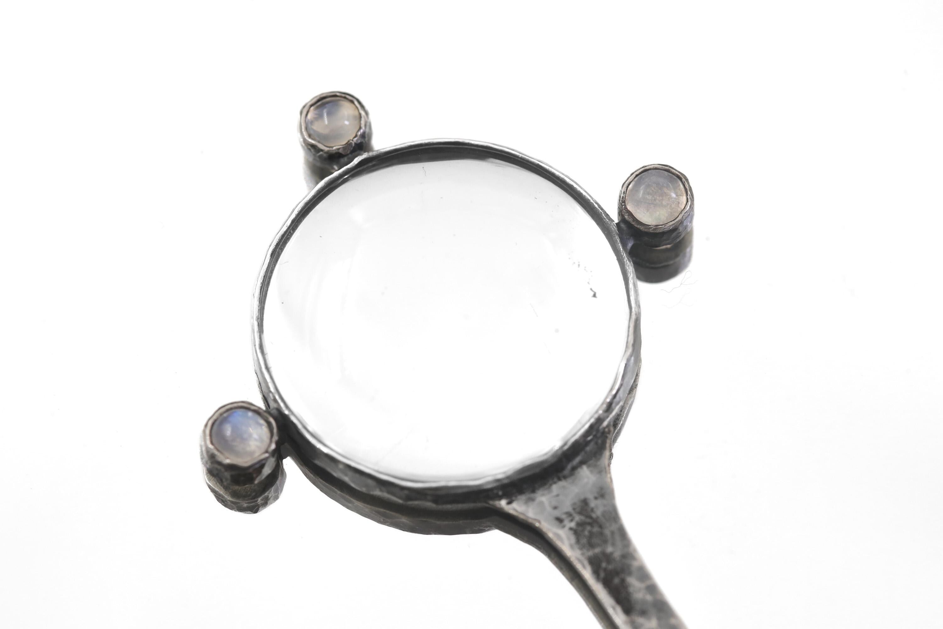 Sterling Silver Moonstone Magnifying Glass Pendant: Hammered Oxidized Blue Flash Gemstone Tool