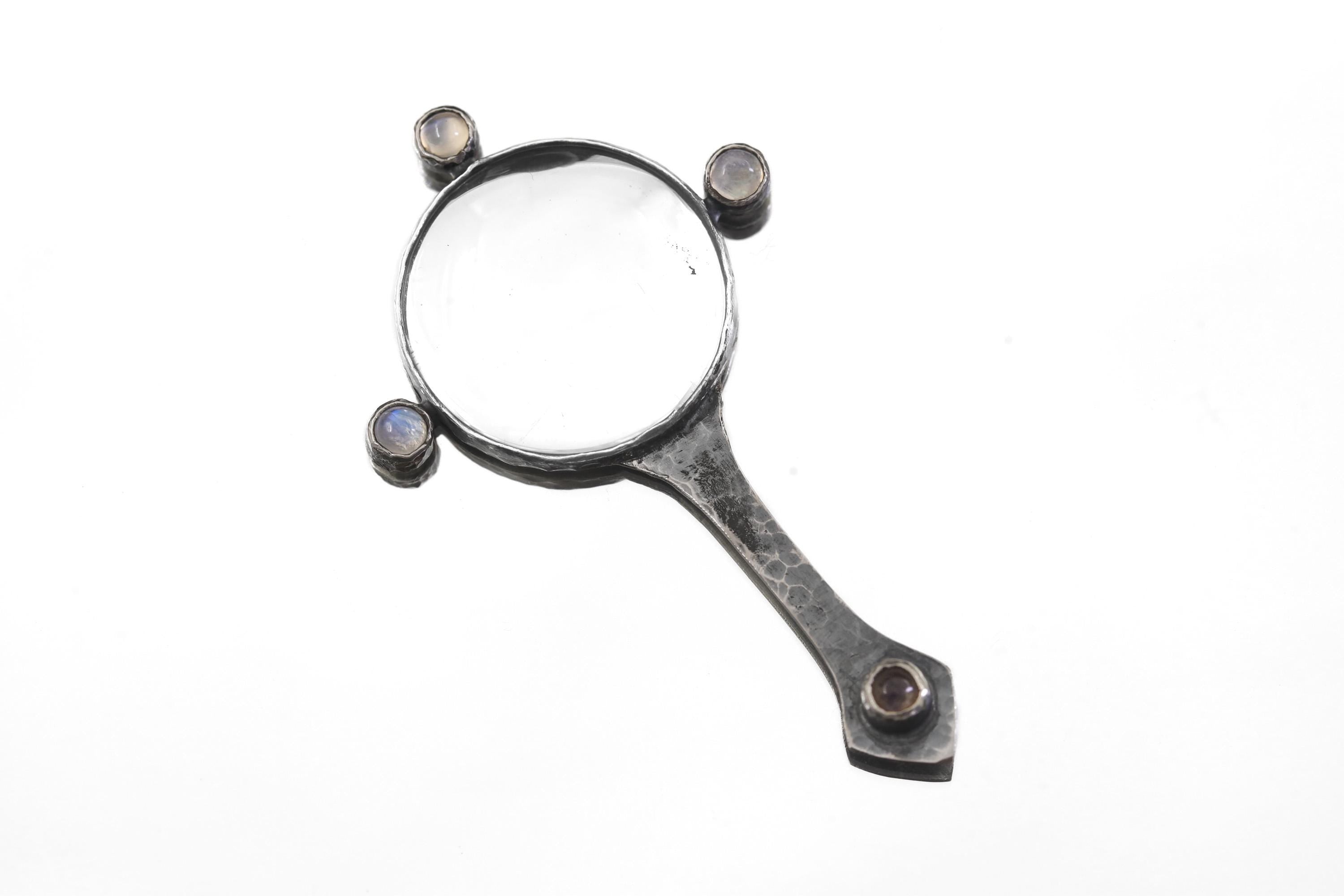 Sterling Silver Moonstone Magnifying Glass Pendant: Hammered Oxidized Blue Flash Gemstone Tool