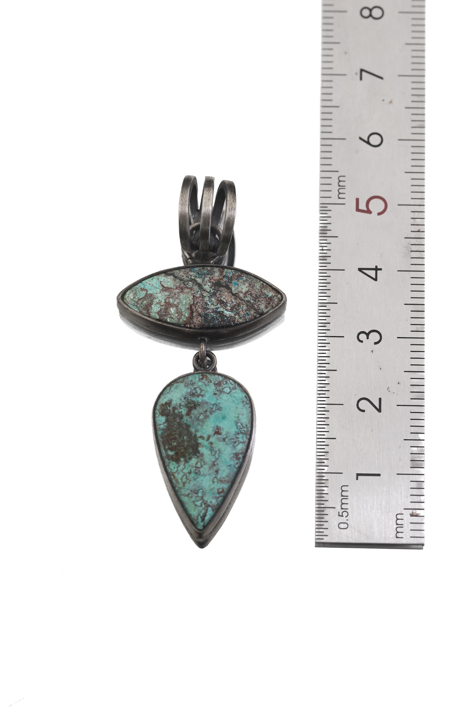 Sterling Silver Double Turquoise Pendant: Oxidized Brushed Boho Statement Necklace