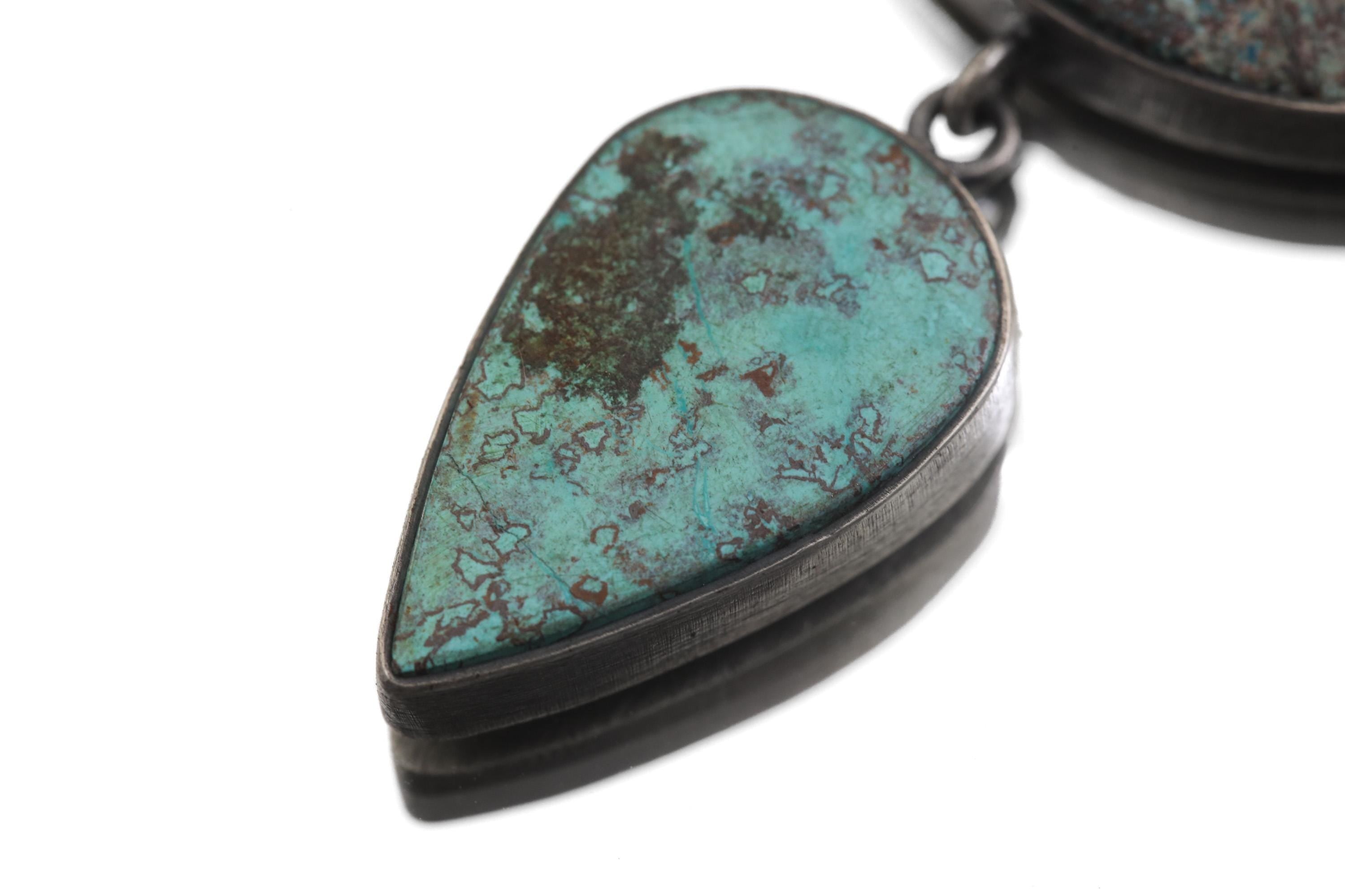 Sterling Silver Double Turquoise Pendant: Oxidized Brushed Boho Statement Necklace