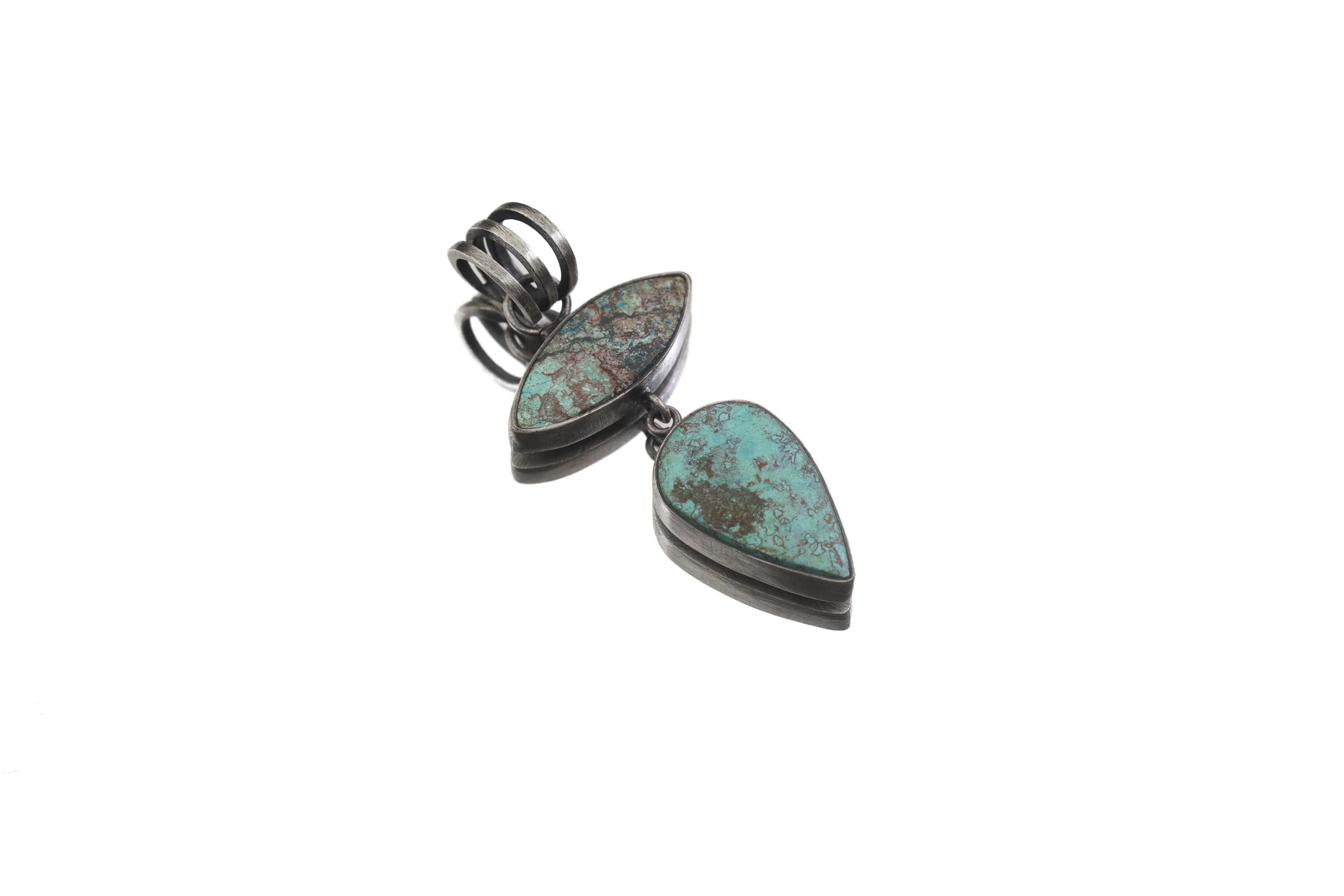 Sterling Silver Double Turquoise Pendant: Oxidized Brushed Boho Statement Necklace