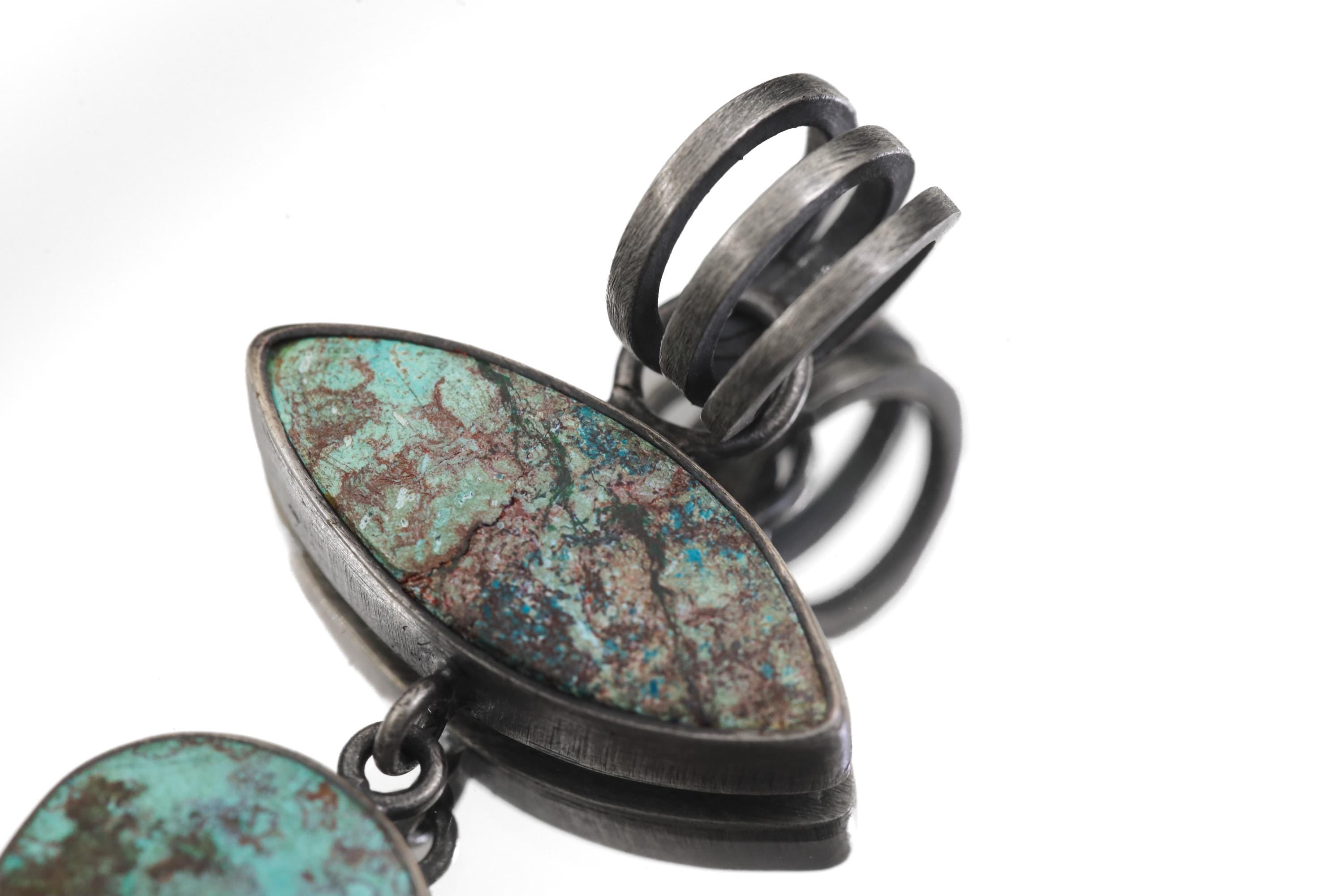 Matrix Turquoise Pendant 925 Silver Double Stone Marquise Cabochon Necklace Sagittarius Throat Chakra Gift