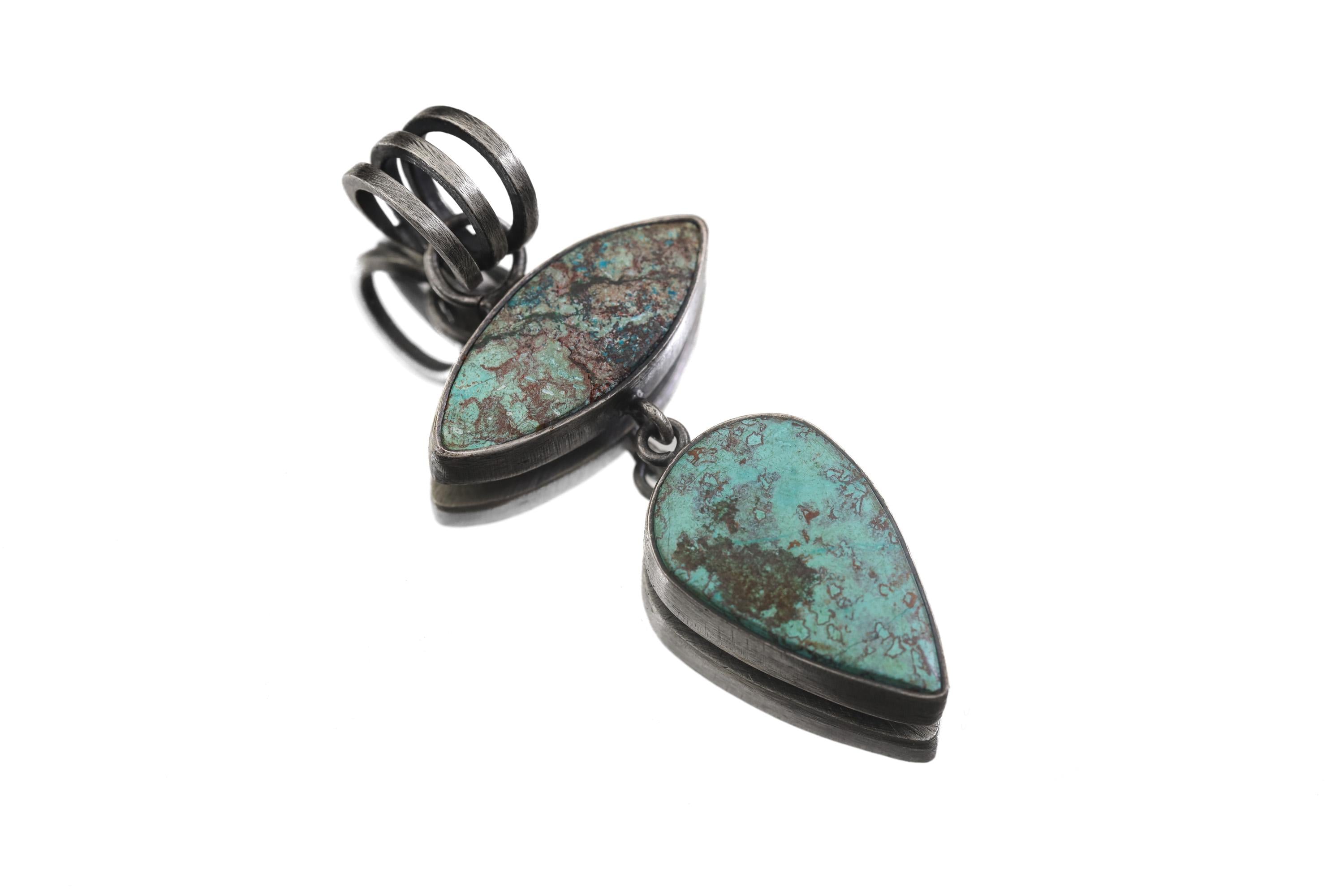 Matrix Turquoise Pendant 925 Silver Double Stone Marquise Cabochon Necklace Sagittarius Throat Chakra Gift