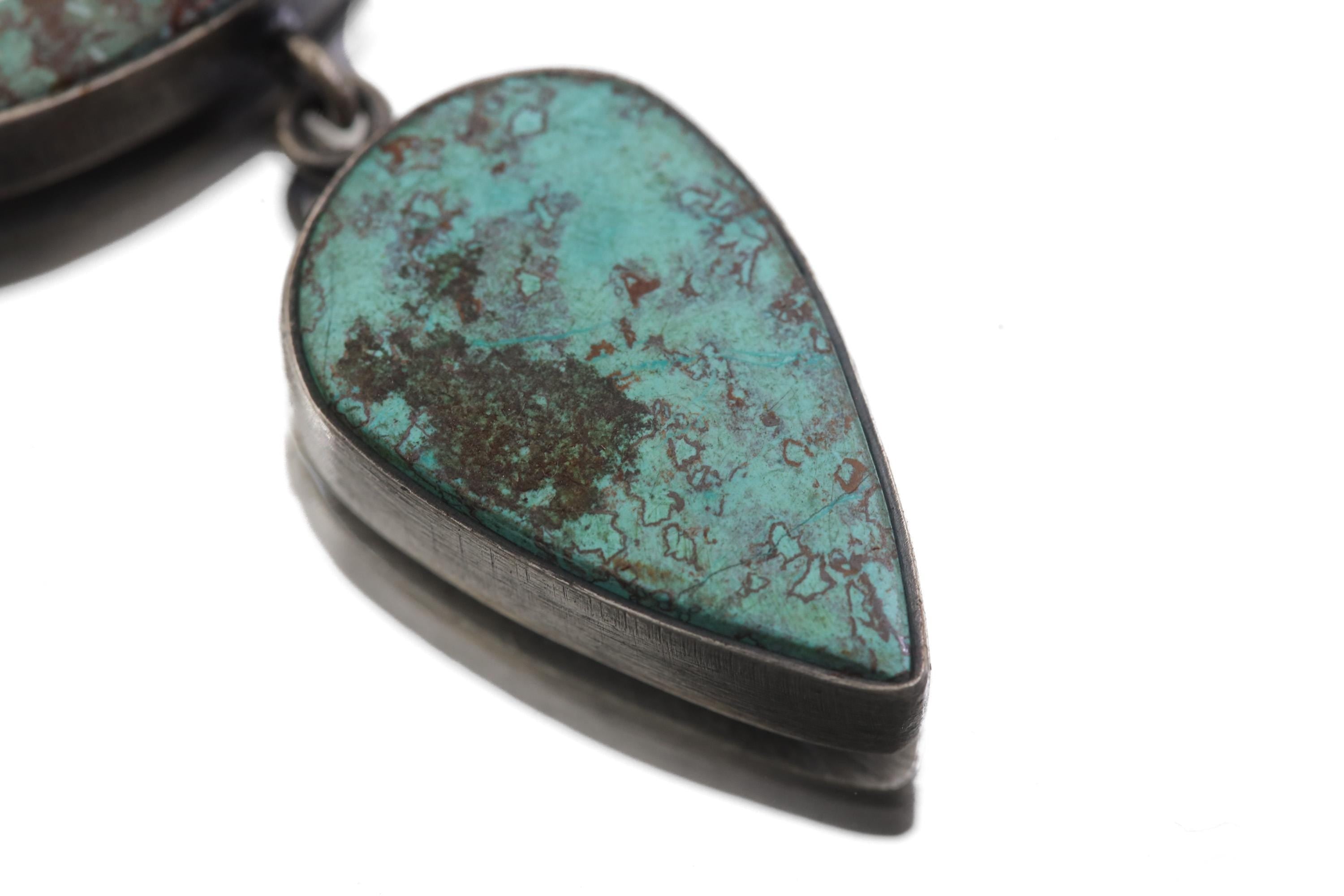 Matrix Turquoise Pendant 925 Silver Double Stone Marquise Cabochon Necklace Sagittarius Throat Chakra Gift