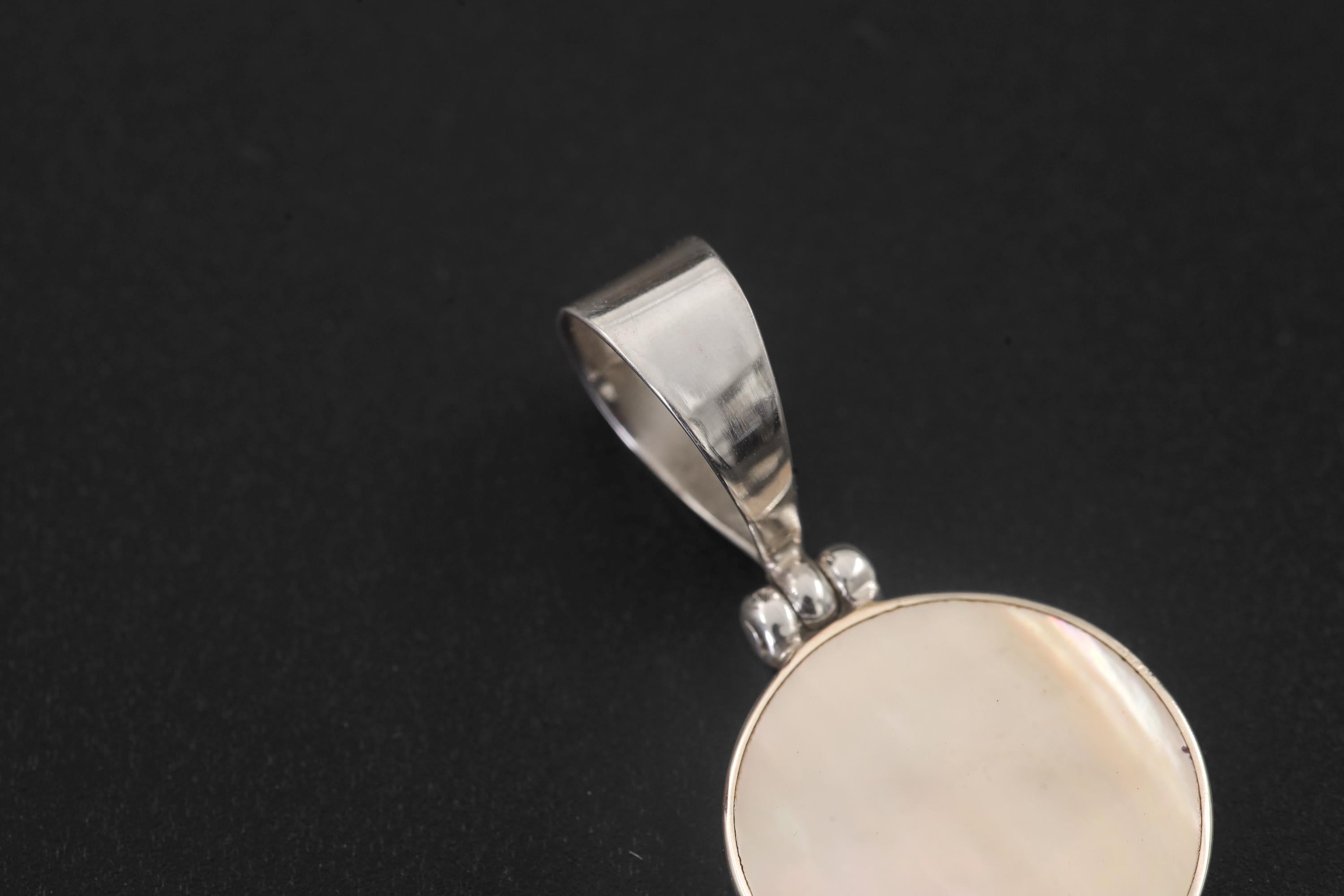 Mother of Pearl Double Disc Pendant Necklace, 925 Sterling Silver, High Polish Shell Jewelry