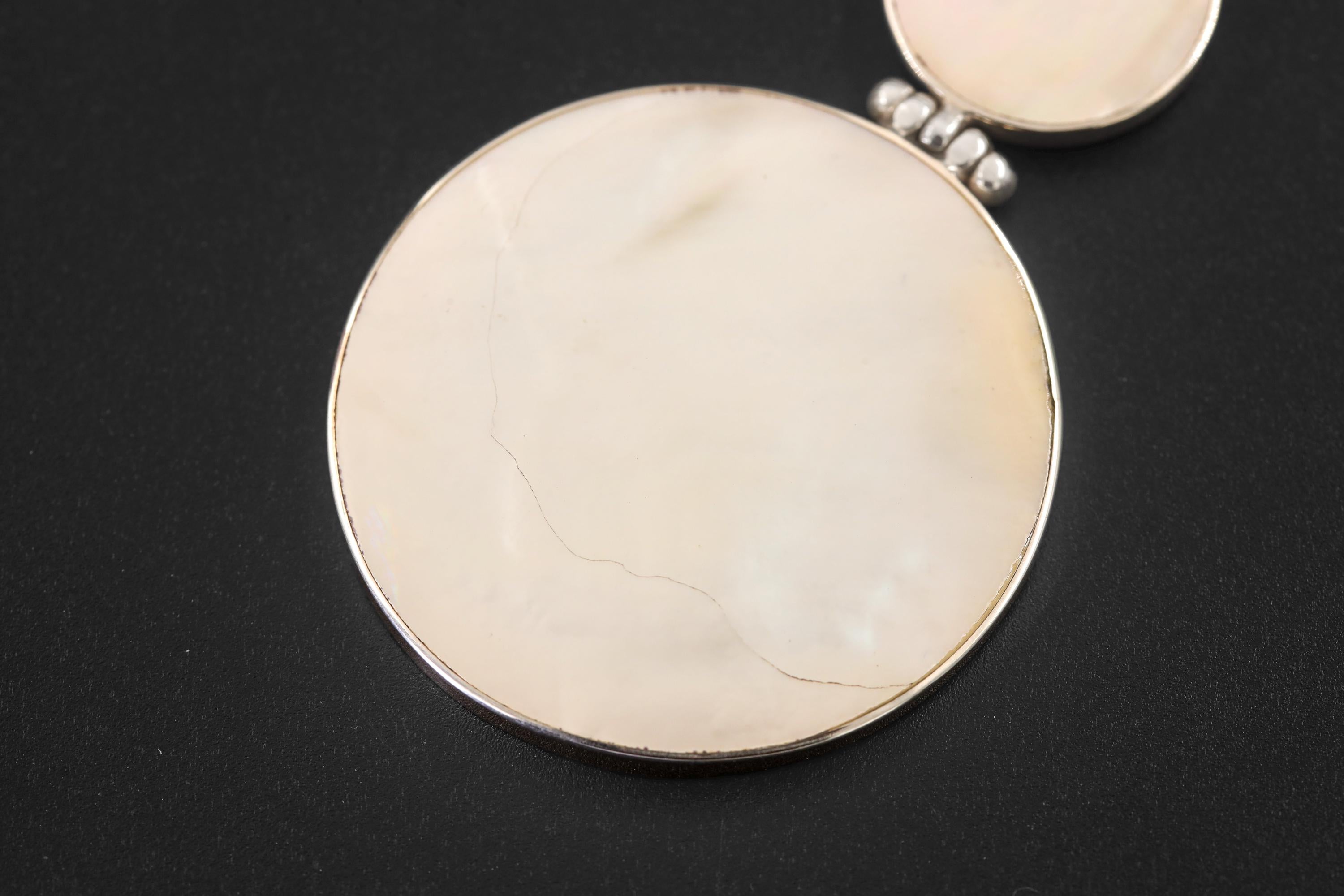 Mother of Pearl Double Disc Pendant Necklace, 925 Sterling Silver, High Polish Shell Jewelry