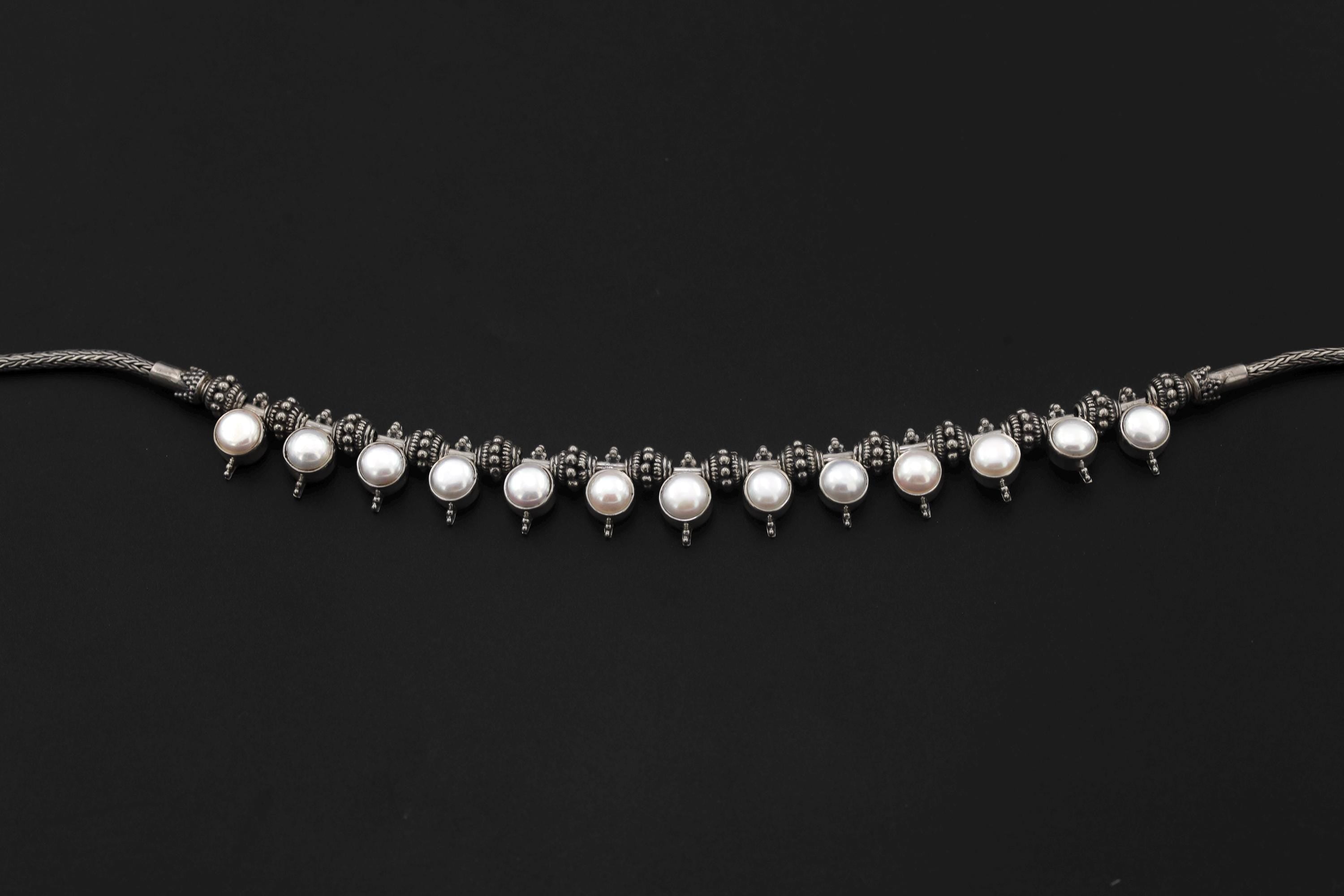 Handmade White Pearl Sterling Silver Necklace, Oxidized Beaded Chain, Ocean Luster Jewelry