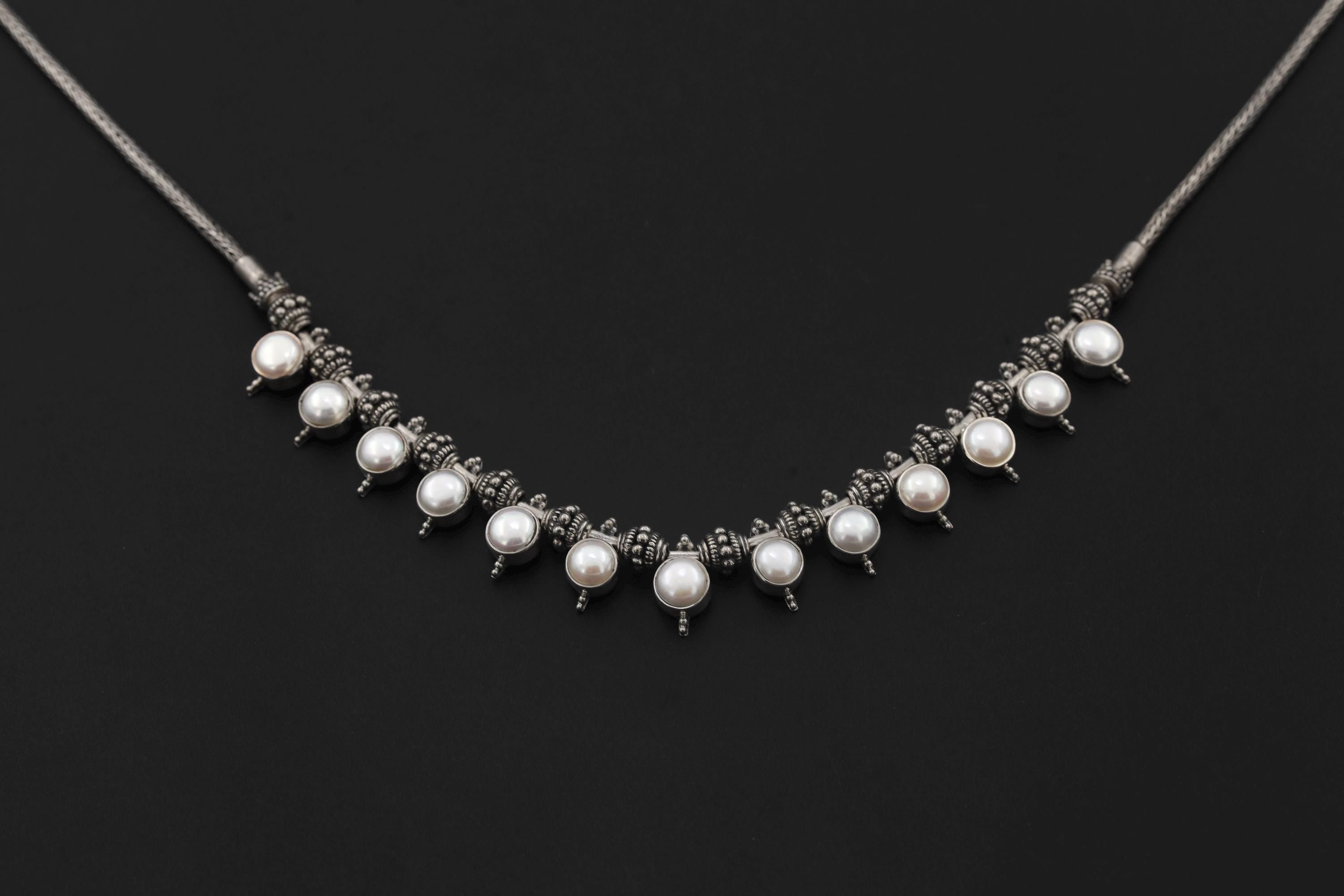 Handmade White Pearl Sterling Silver Necklace, Oxidized Beaded Chain, Ocean Luster Jewelry