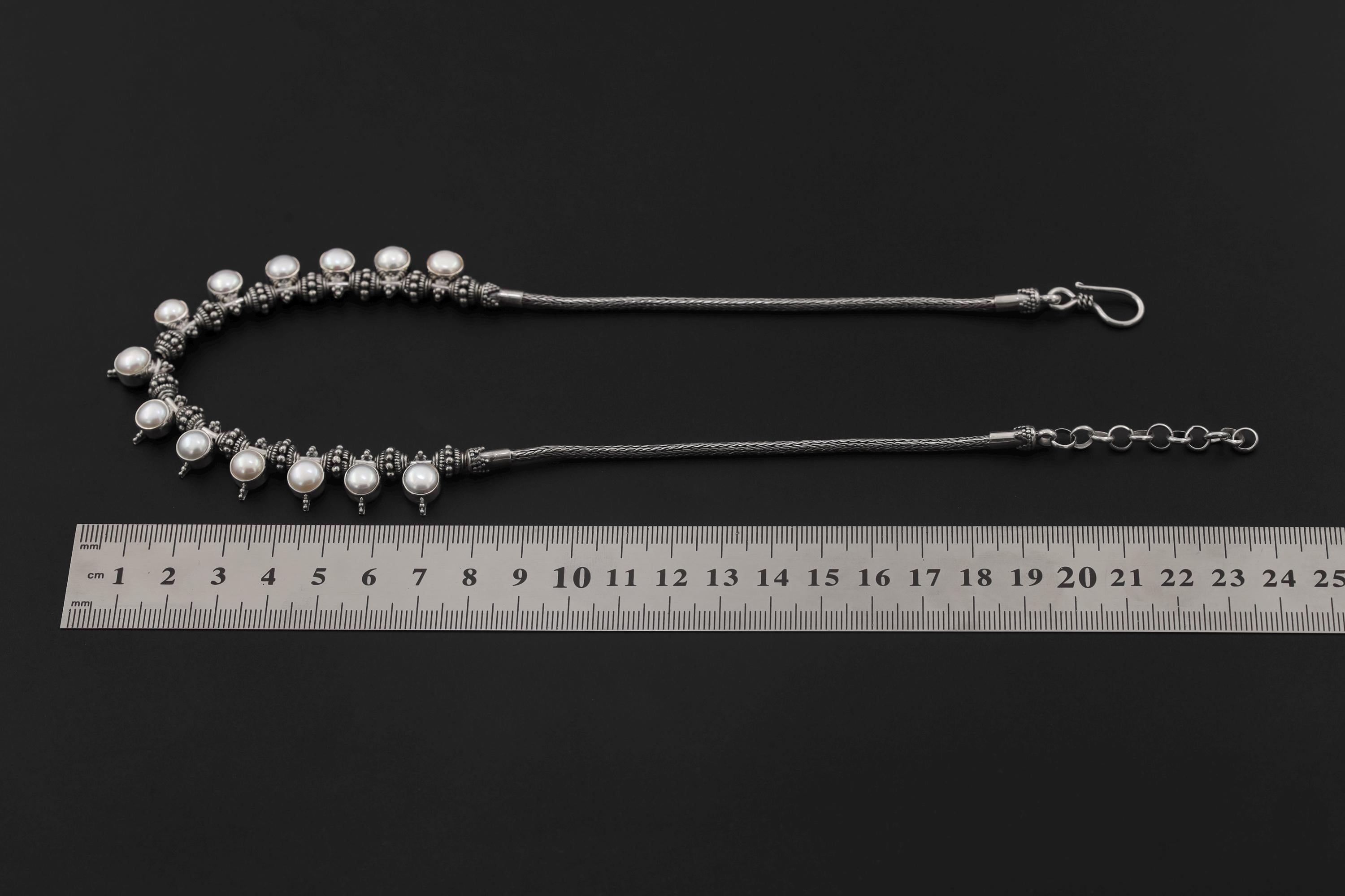Handmade White Pearl Sterling Silver Necklace, Oxidized Beaded Chain, Ocean Luster Jewelry