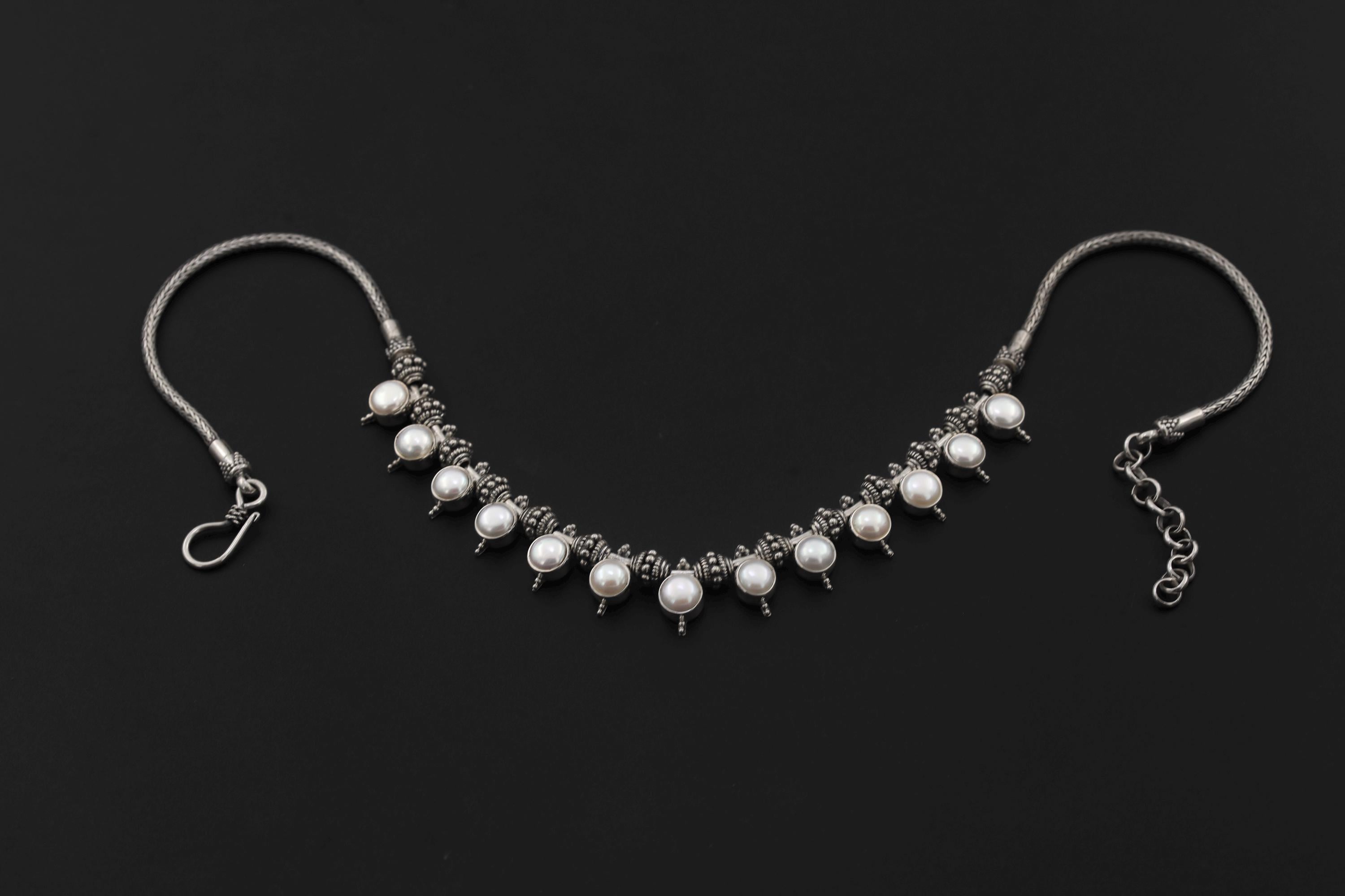 Handmade White Pearl Sterling Silver Necklace, Oxidized Beaded Chain, Ocean Luster Jewelry