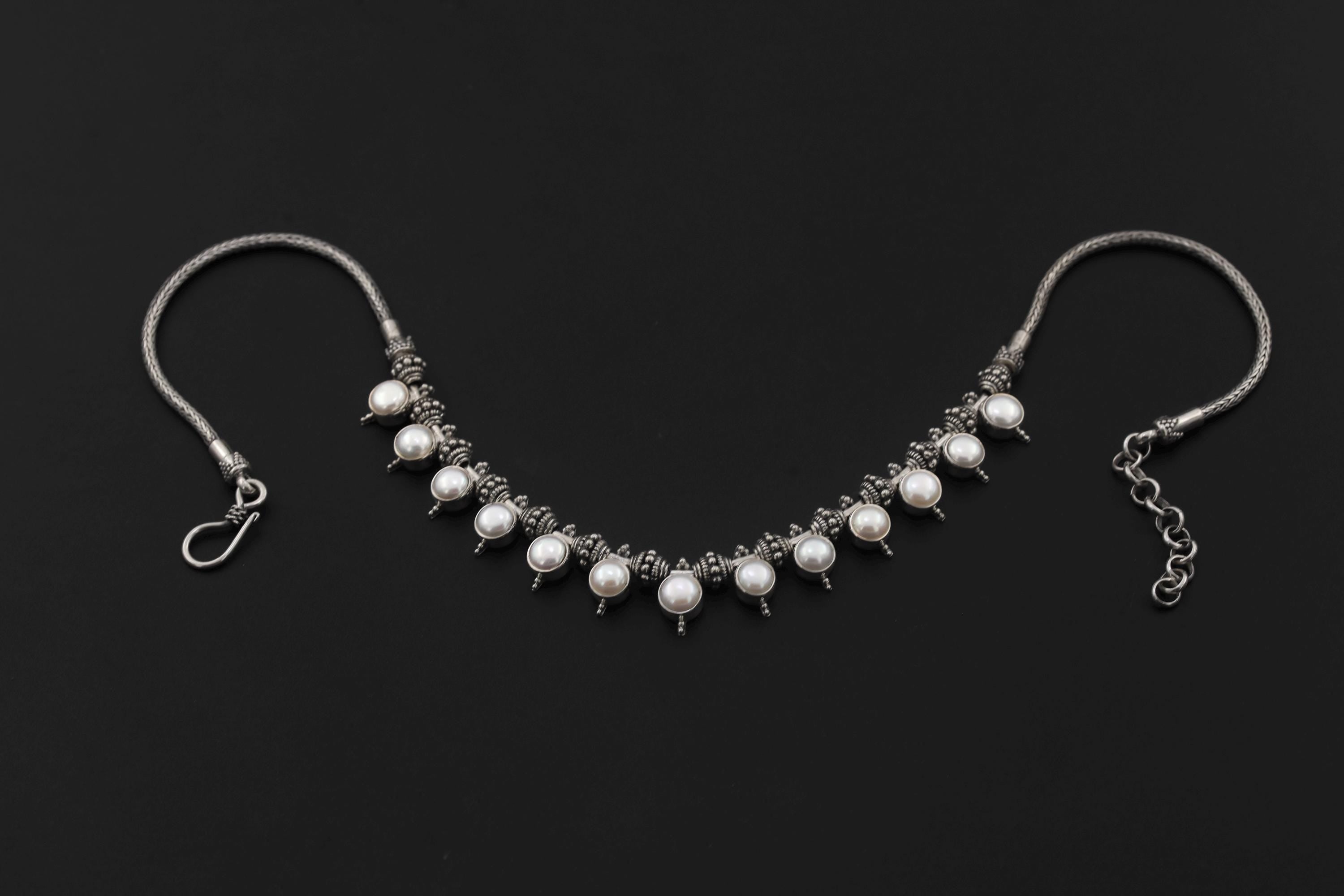 Pearl Beaded Necklace 925 Sterling Silver Balinese Beadwork Snake Chain Heart Crown Chakra Jewelry Gift