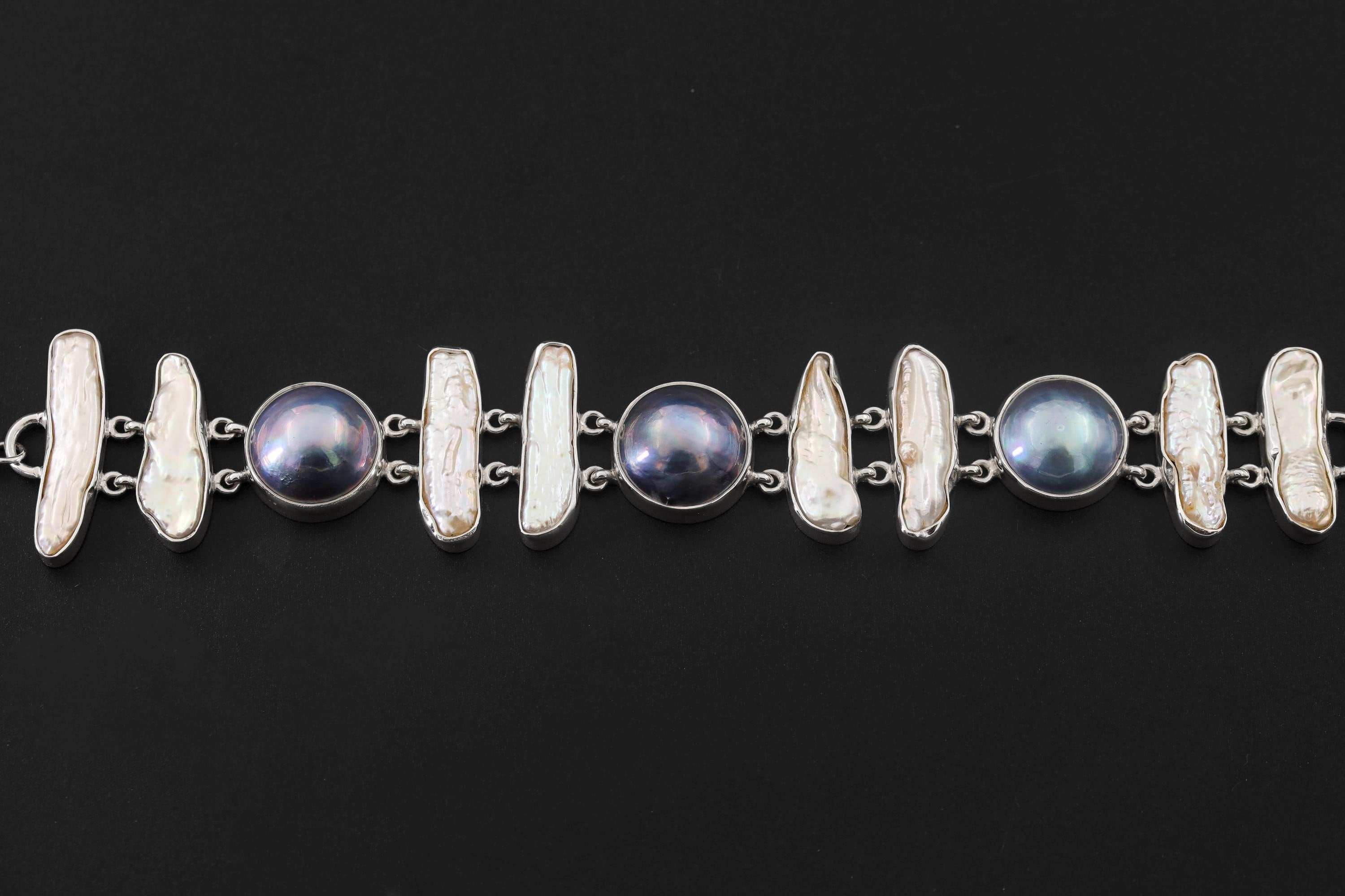 Black White Pearl Bracelet 925 Sterling Silver Freshwater Pearl Toggle Bracelet Ocean Lunar Jewelry Handmade Gift