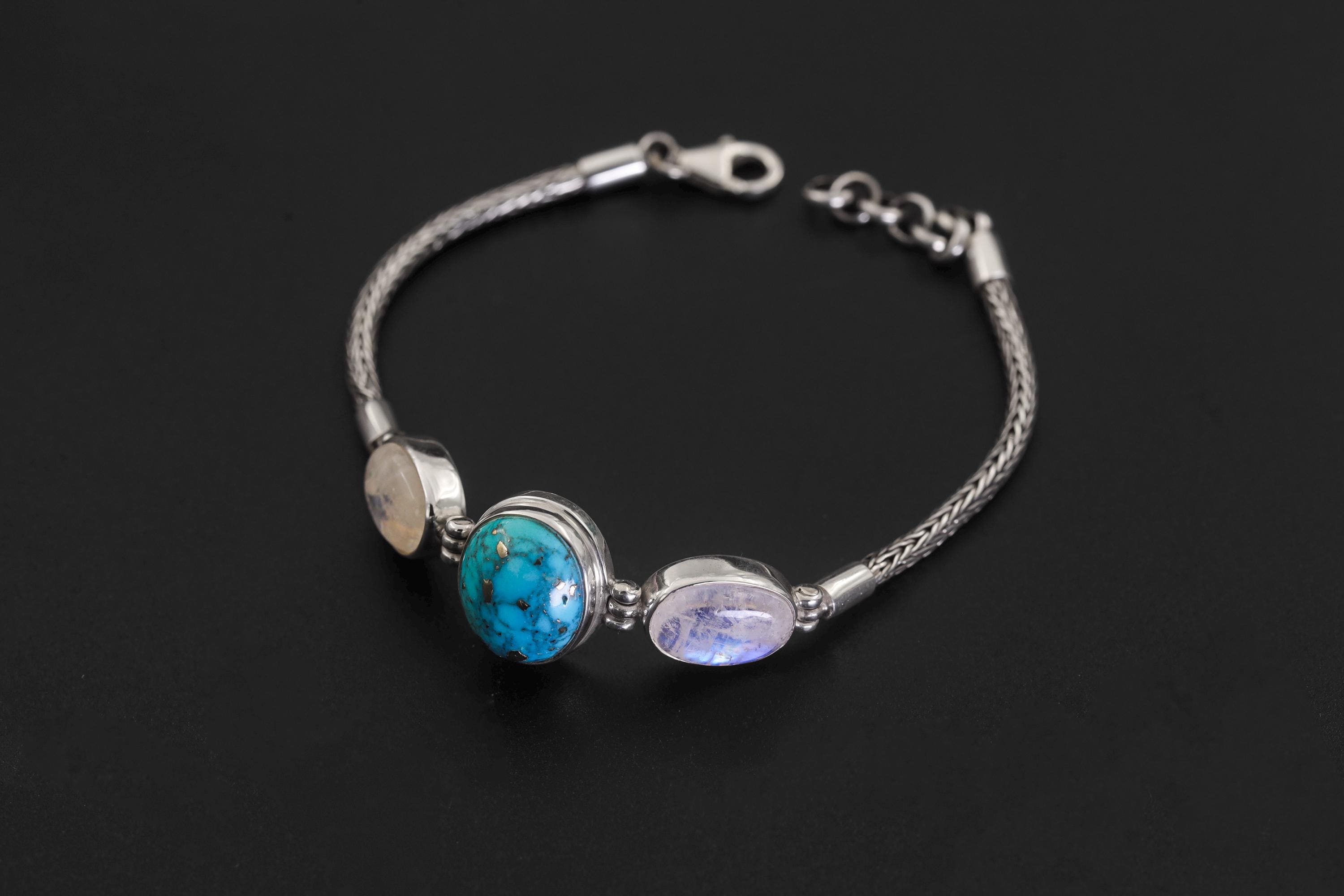 Turquoise Moonstone Silver Bracelet, Snake Chain Bracelet, 925 Sterling Silver, Oval Turquoise Center, Moonstone Bracelet, Healing Jewelry