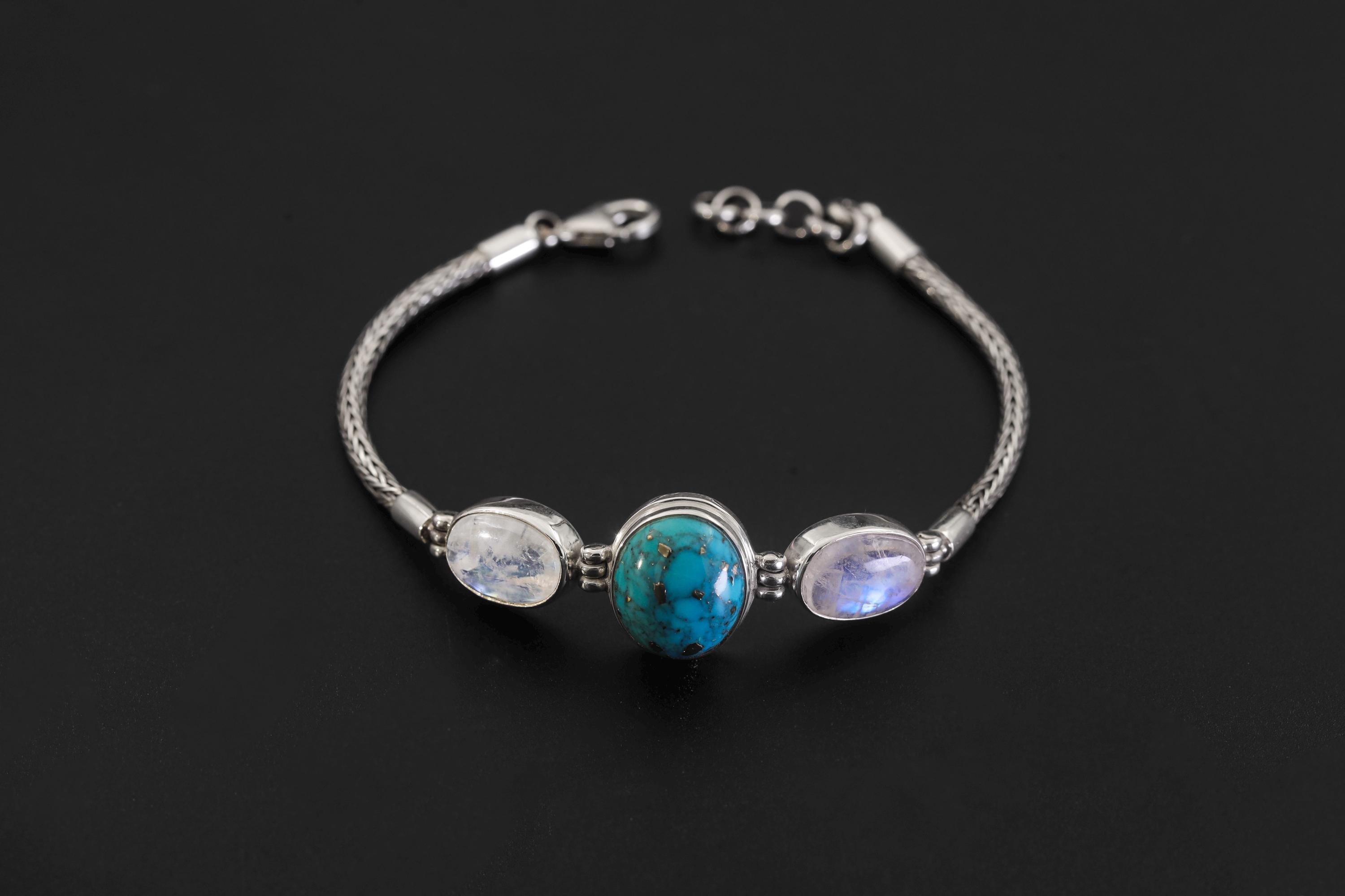 Turquoise Moonstone Silver Bracelet, Snake Chain Bracelet, 925 Sterling Silver, Oval Turquoise Center, Moonstone Bracelet, Healing Jewelry