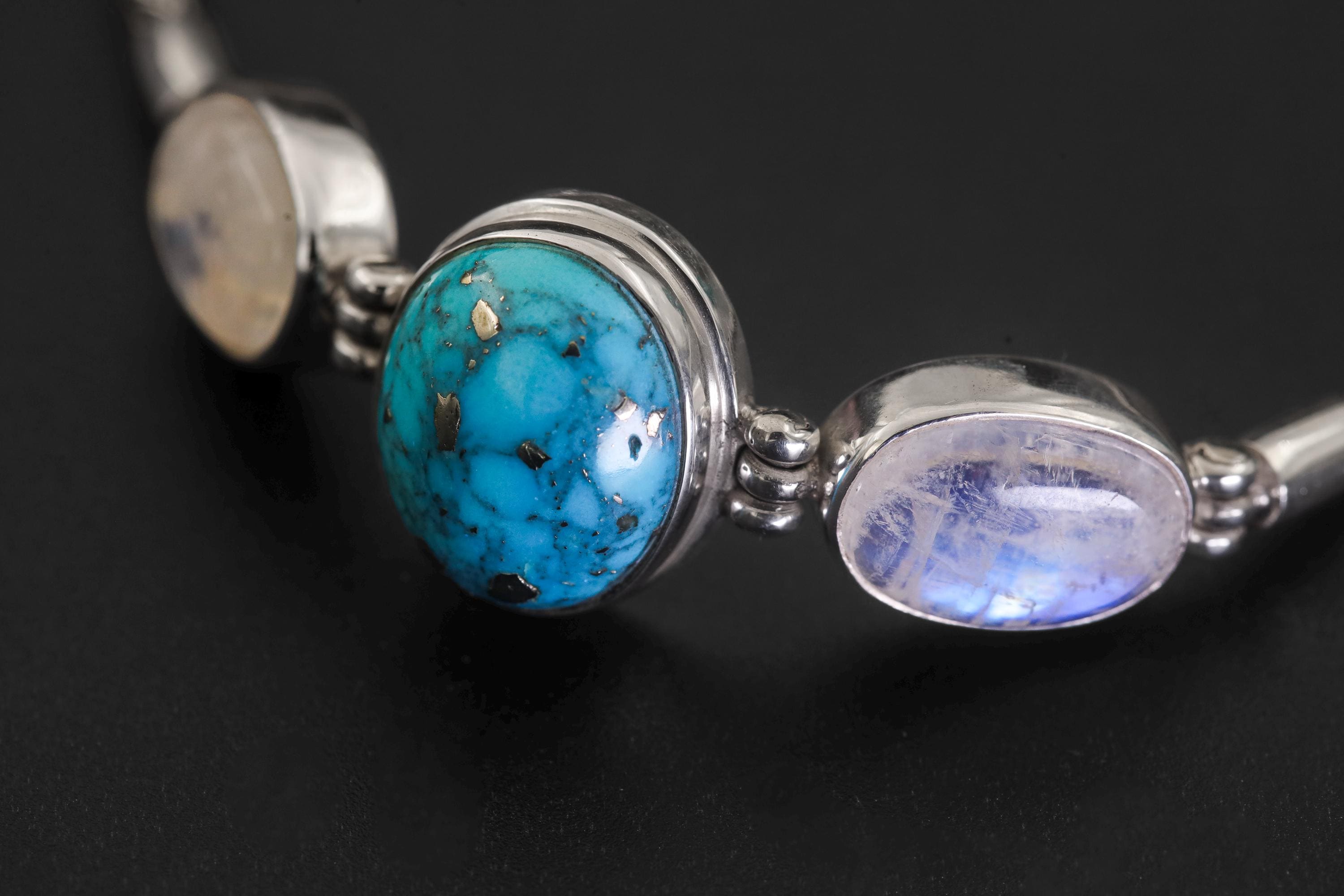 Turquoise Moonstone Silver Bracelet, Snake Chain Bracelet, 925 Sterling Silver, Oval Turquoise Center, Moonstone Bracelet, Healing Jewelry