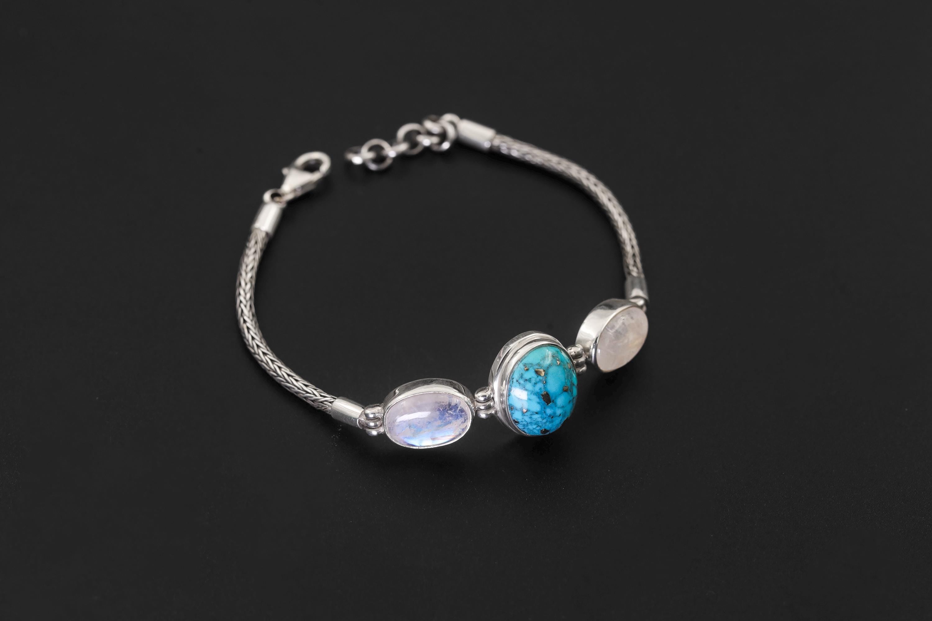 Turquoise Moonstone Silver Bracelet, Snake Chain Bracelet, 925 Sterling Silver, Oval Turquoise Center, Moonstone Bracelet, Healing Jewelry