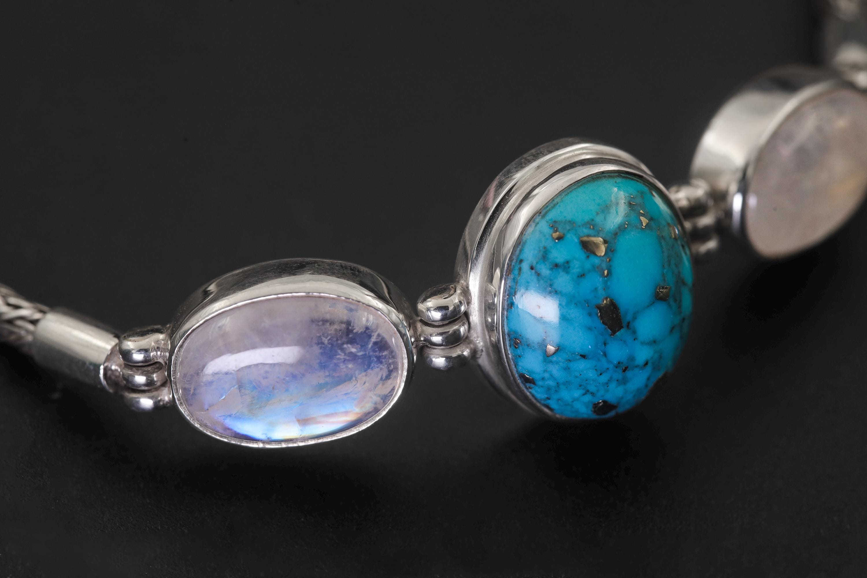 Turquoise Moonstone Silver Bracelet, Snake Chain Bracelet, 925 Sterling Silver, Oval Turquoise Center, Moonstone Bracelet, Healing Jewelry