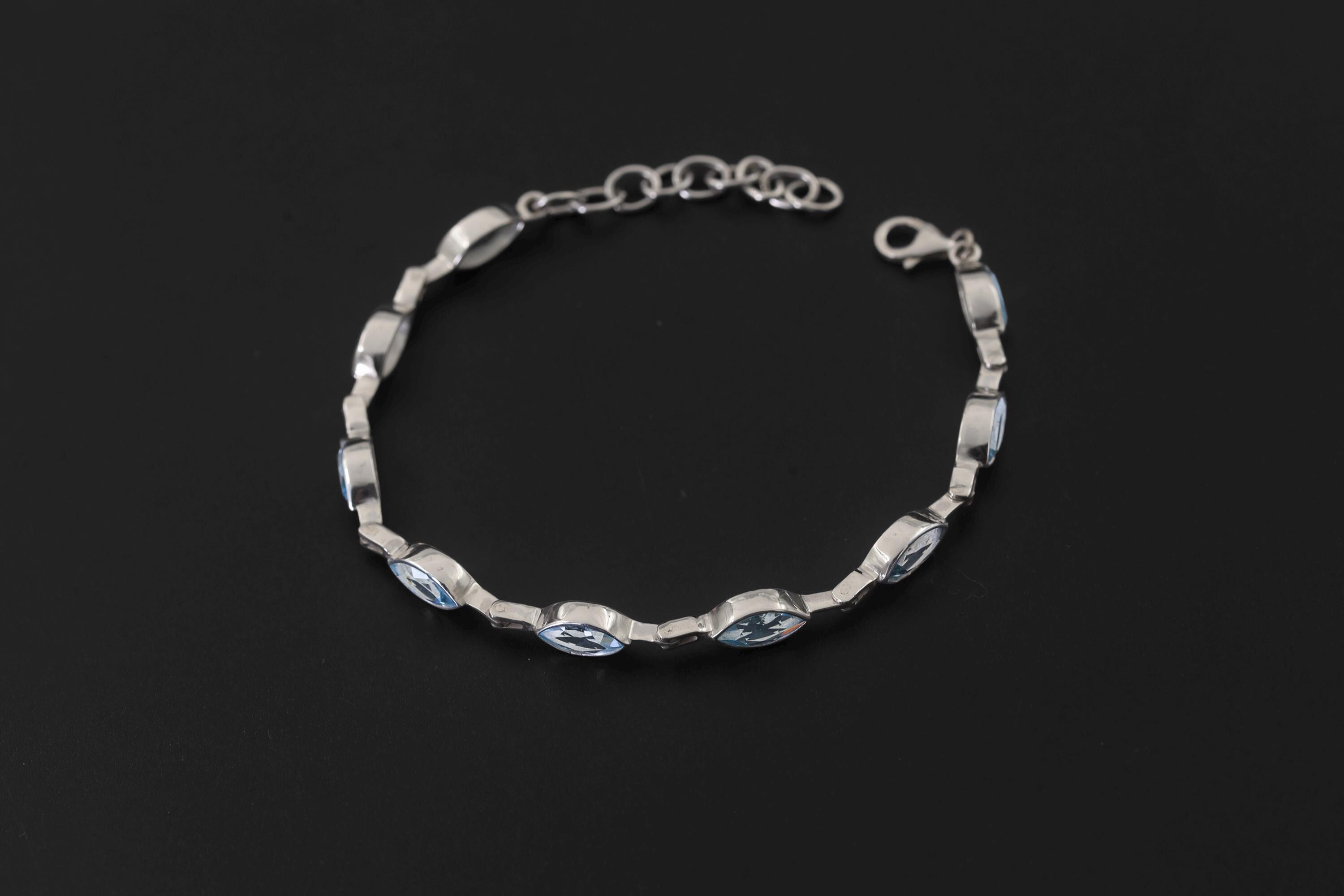 Blue Topaz Marquise Bracelet 925 Sterling Silver Faceted Blue Topaz Link Bracelet High Shine Polish Lobster Clasp December Birthstone Gift