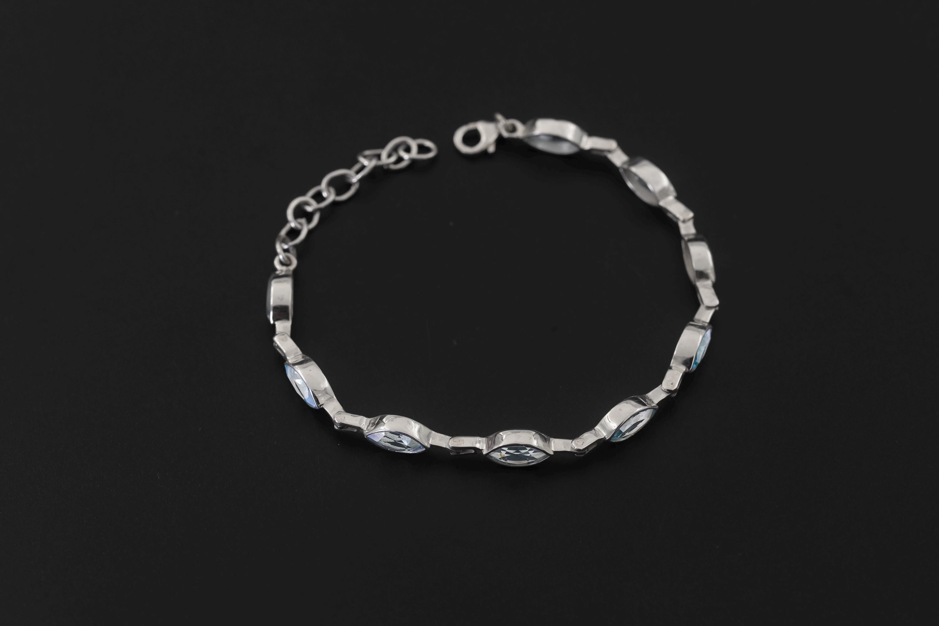 Blue Topaz Marquise Bracelet 925 Sterling Silver Faceted Blue Topaz Link Bracelet High Shine Polish Lobster Clasp December Birthstone Gift