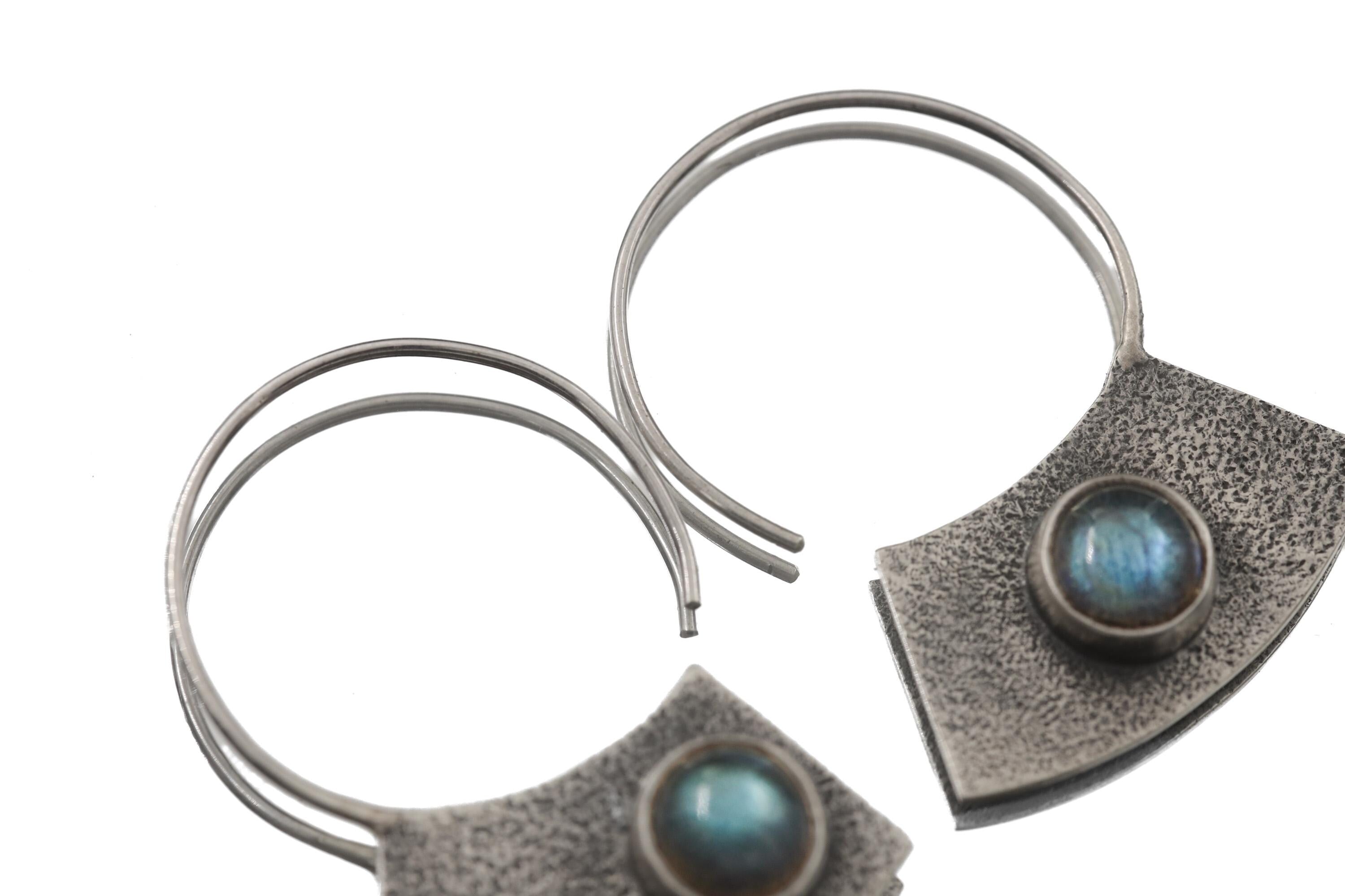 Oxidized Sterling Silver Hoop Earrings with Blue Flash Labradorite – Textured Boho Statement Jewelry