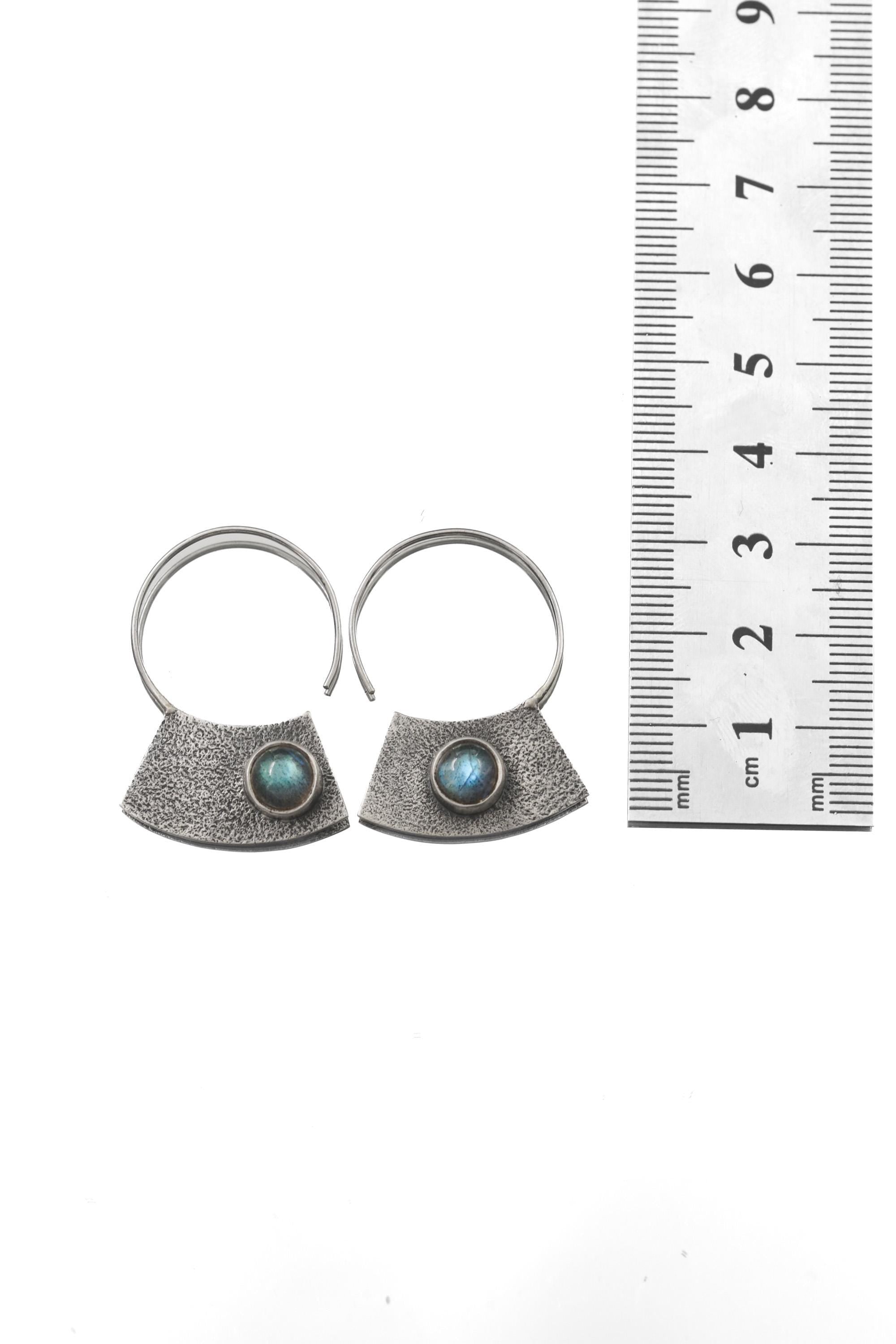 Oxidized Sterling Silver Hoop Earrings with Blue Flash Labradorite – Textured Boho Statement Jewelry