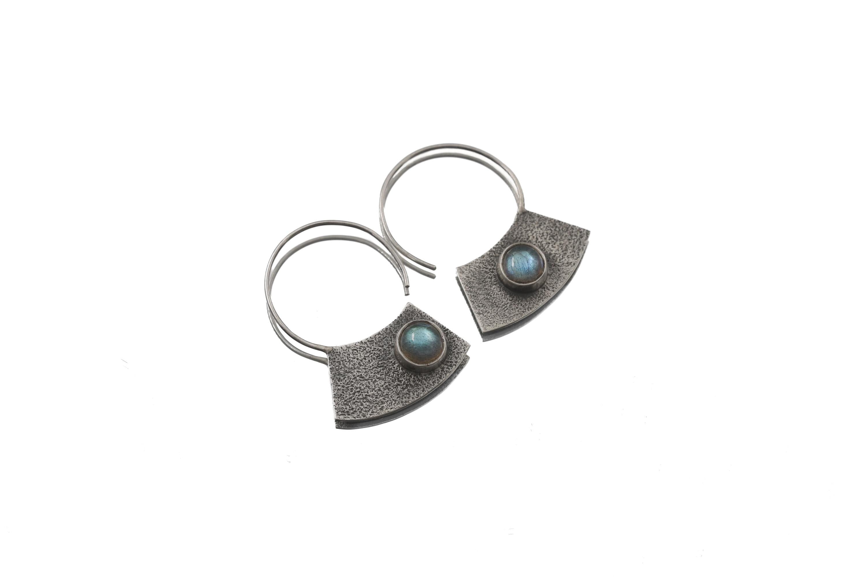 Oxidized Sterling Silver Hoop Earrings with Blue Flash Labradorite – Textured Boho Statement Jewelry