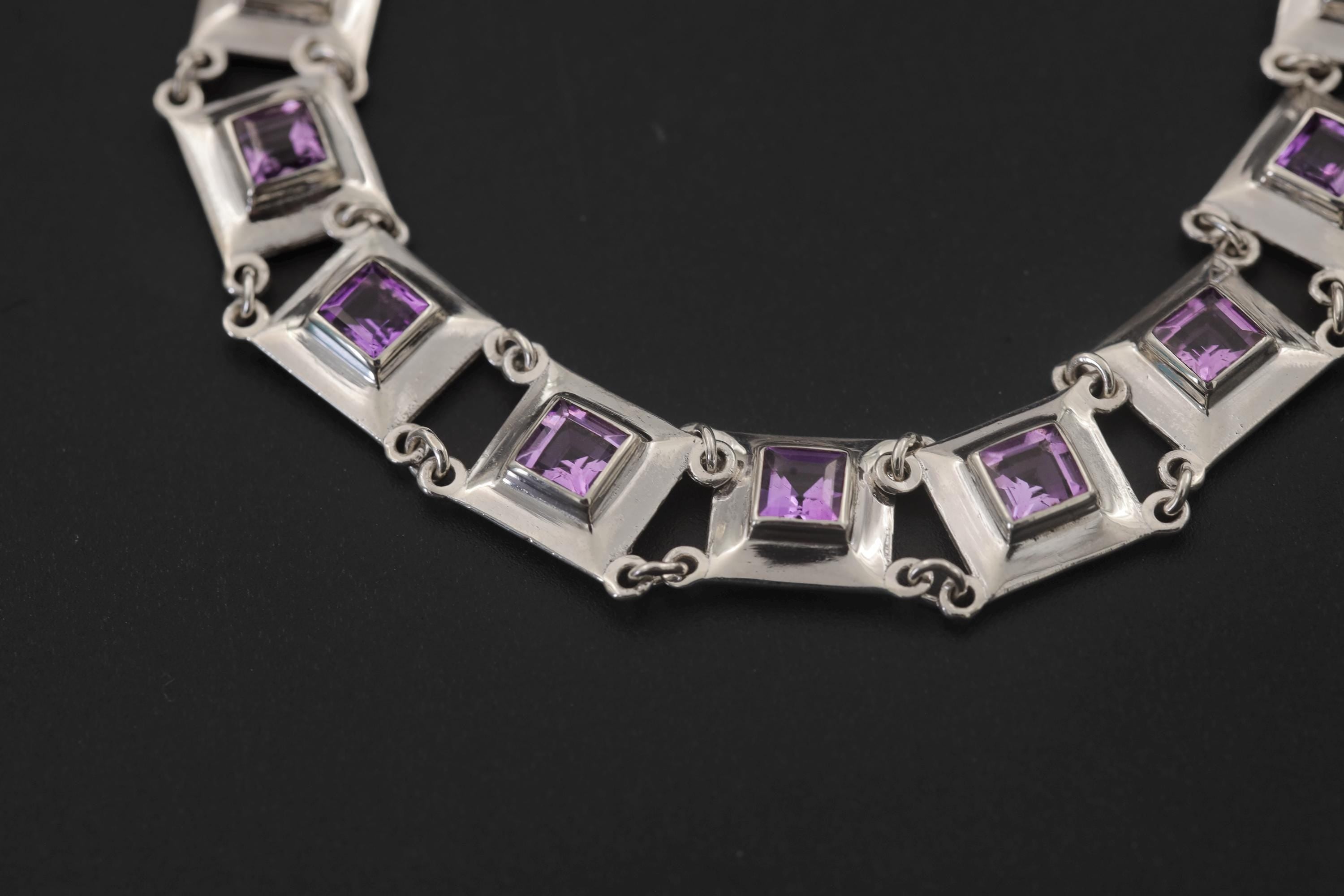 Square Amethyst Link Bracelet 925 Sterling Silver Purple Crystal Bracelet Crown Chakra Jewelry High Shine Gemstone Tennis Bracelet