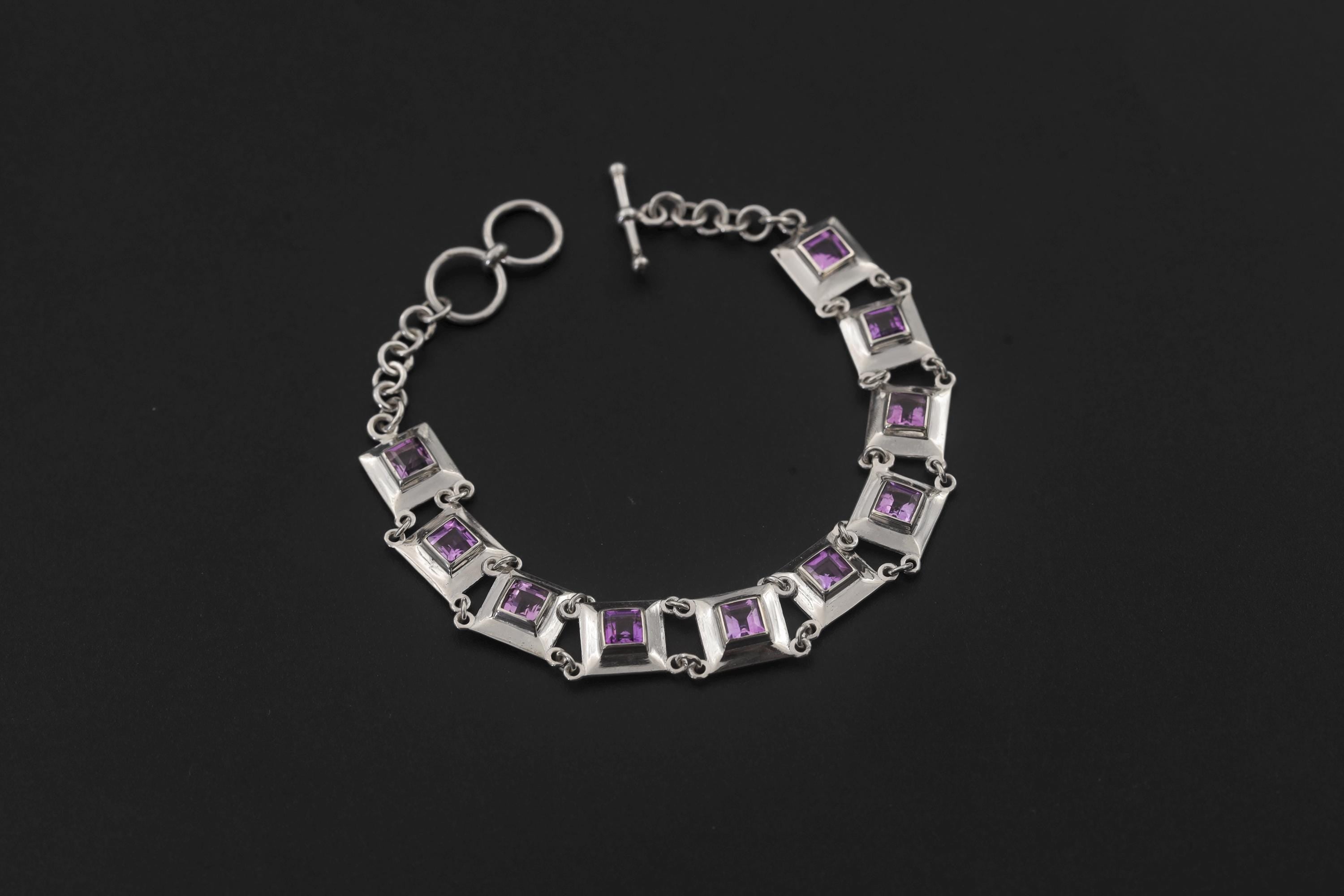 Square Amethyst Link Bracelet 925 Sterling Silver Purple Crystal Bracelet Crown Chakra Jewelry High Shine Gemstone Tennis Bracelet