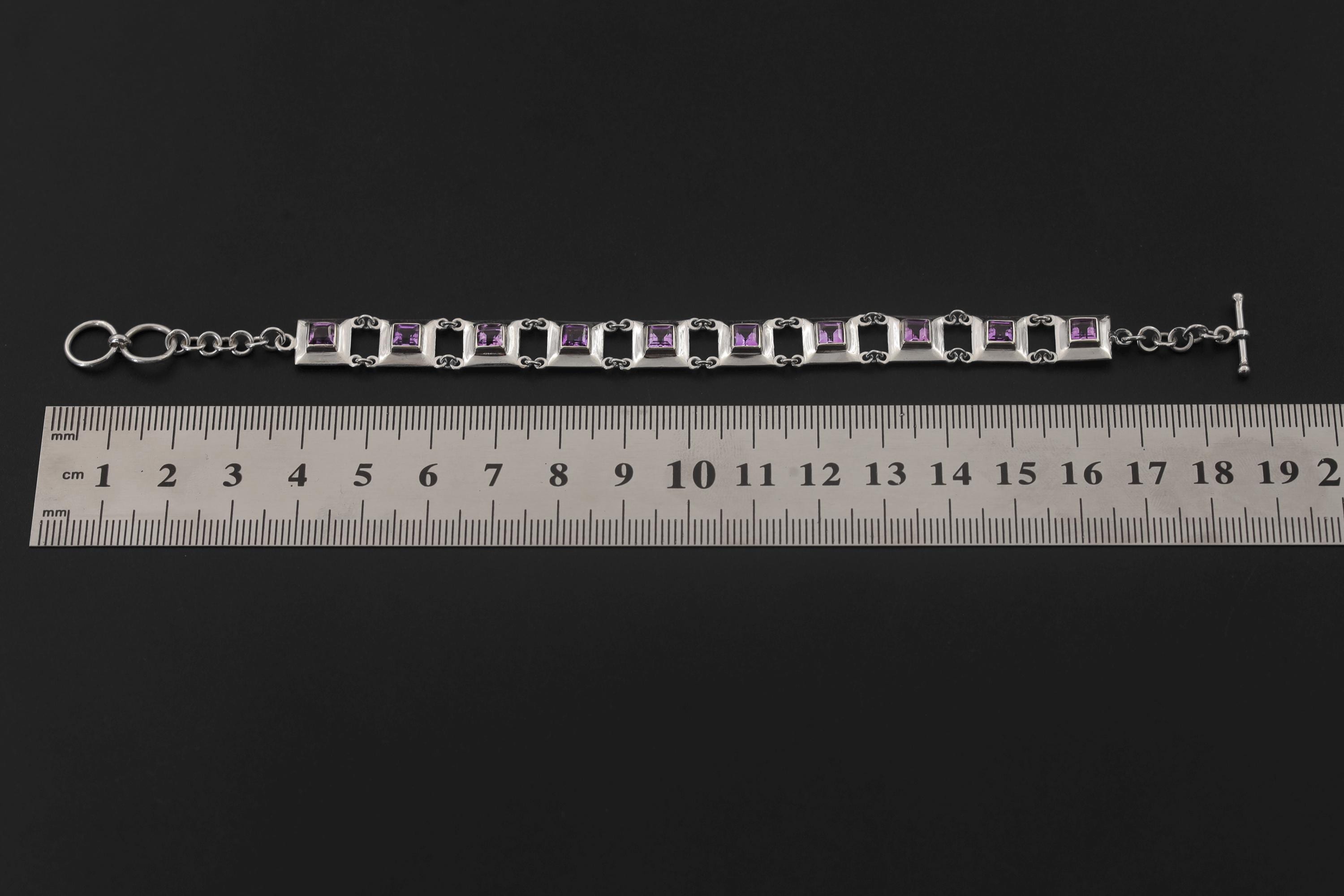 Square Amethyst Link Bracelet 925 Sterling Silver Purple Crystal Bracelet Crown Chakra Jewelry High Shine Gemstone Tennis Bracelet