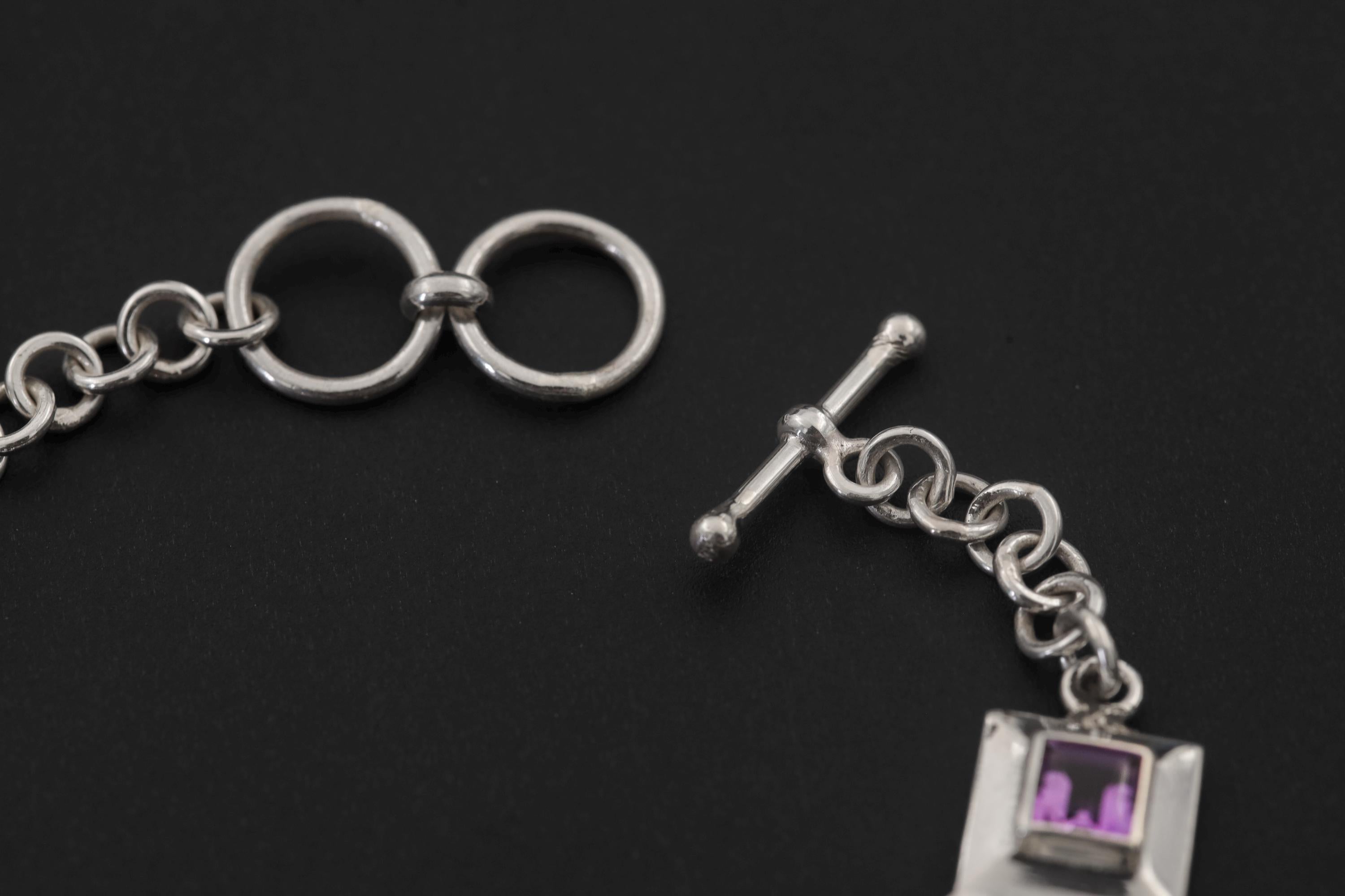 Square Amethyst Link Bracelet 925 Sterling Silver Purple Crystal Bracelet Crown Chakra Jewelry High Shine Gemstone Tennis Bracelet