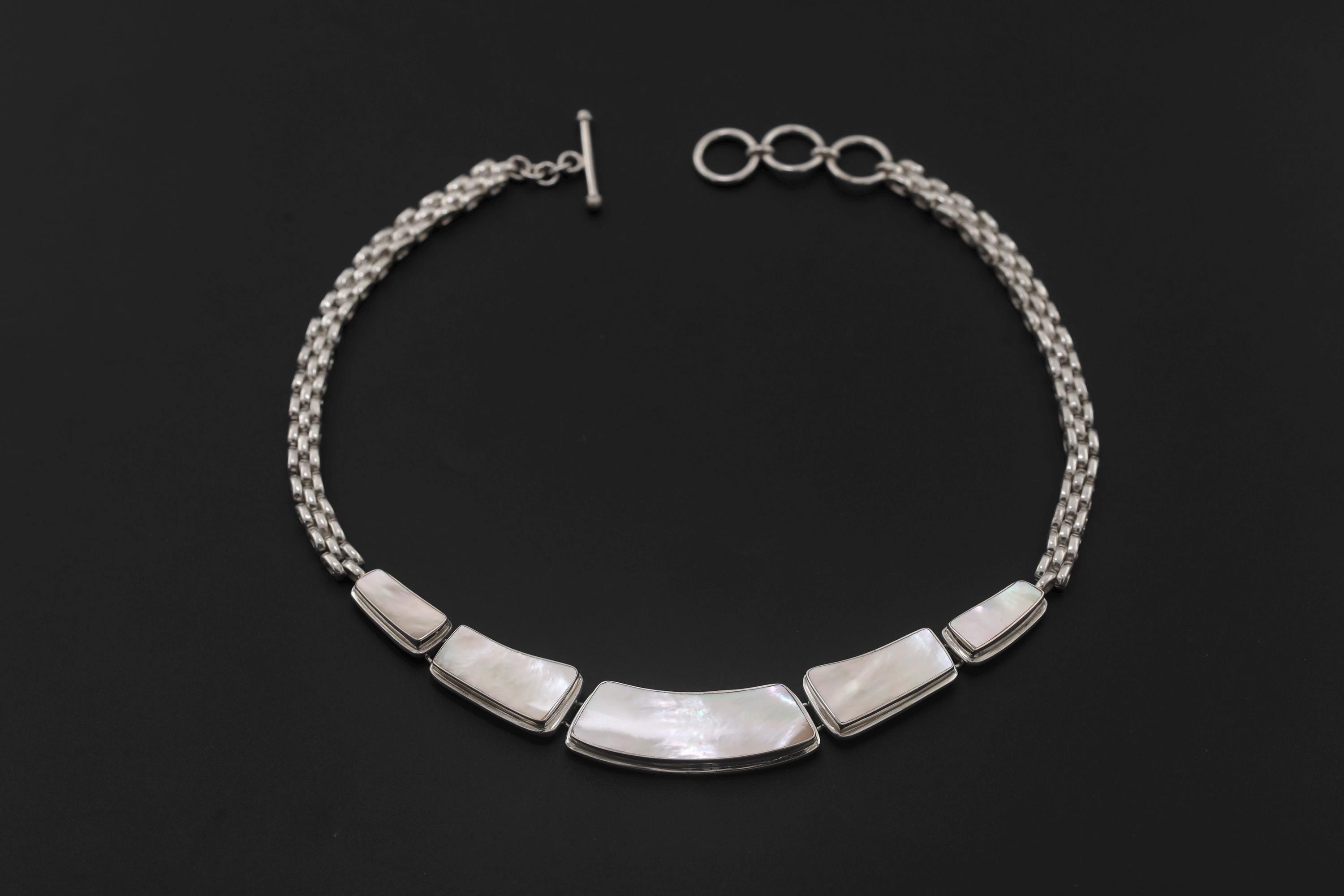 Mother of Pearl Necklace 925 Sterling Silver Shell Panel Collar Necklace Heart Chakra Cancer Pisces Gift
